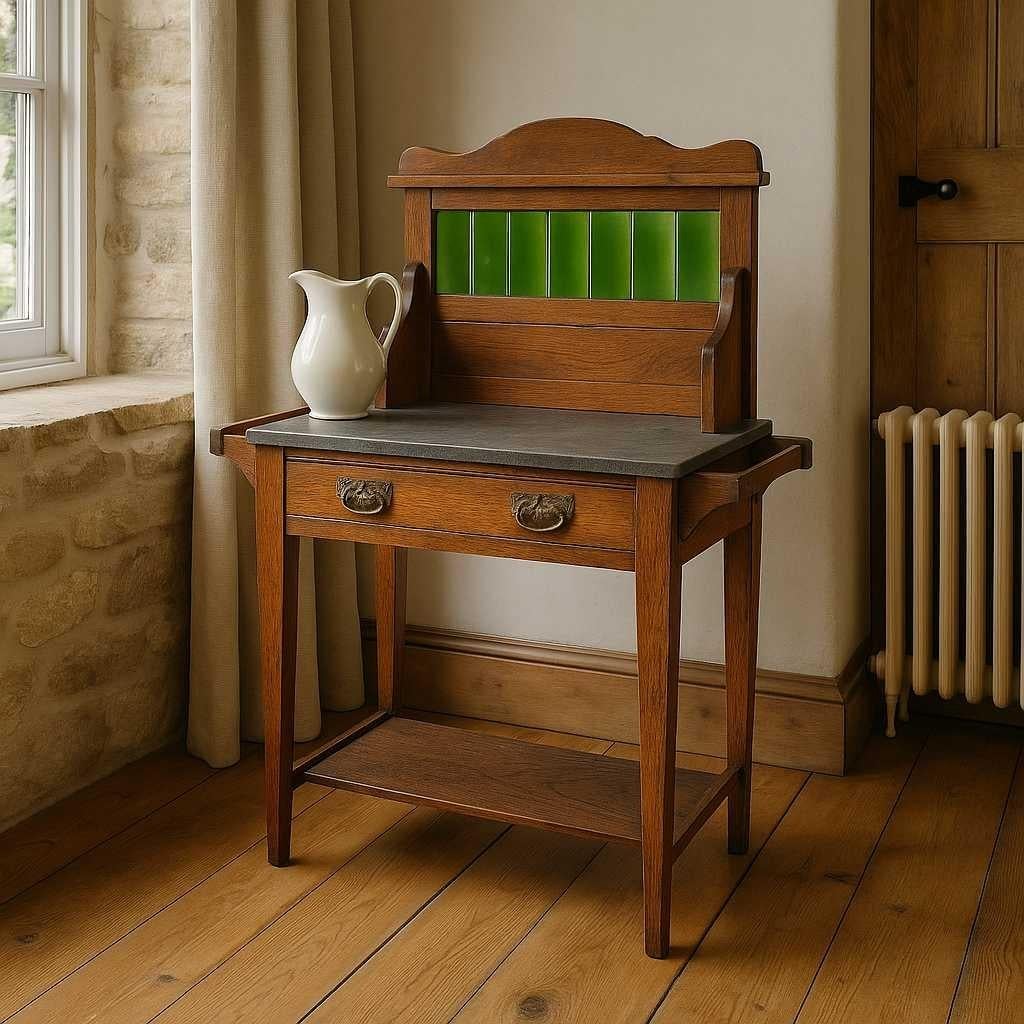 An exceptional antique oak washstand showcasing the craftsmanship and charm of the late 19th to early 20th century. This versatile piece combines functionality with refined period details, making it a timeless accent in any interior.

The washstand