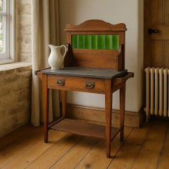 Arts and Crafts Oak Washstand with Green Tile Backsplash and Stone Top, c. 1900s