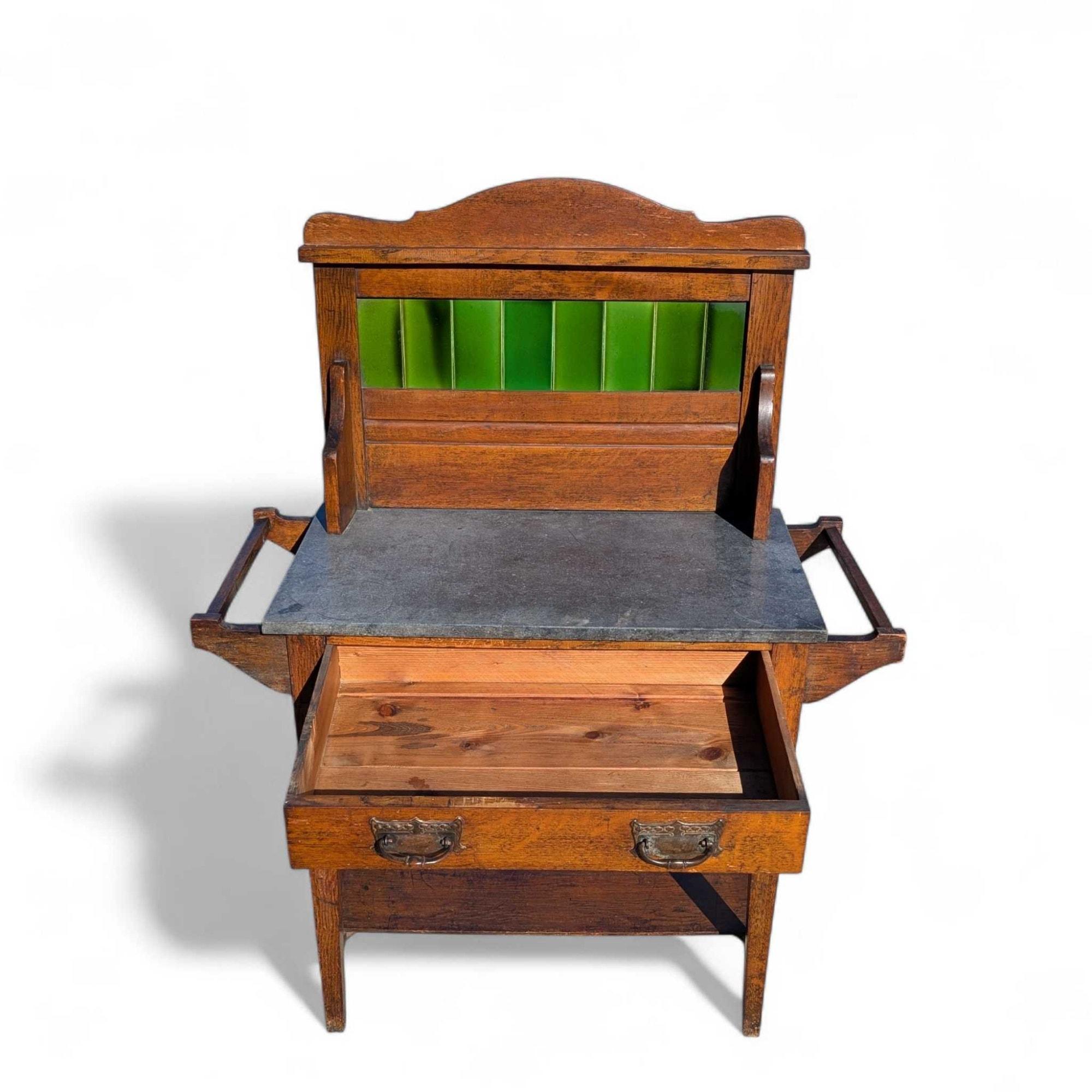 Unknown Arts and Crafts Oak Washstand with Green Tile Backsplash and Stone Top, c. 1900s For Sale