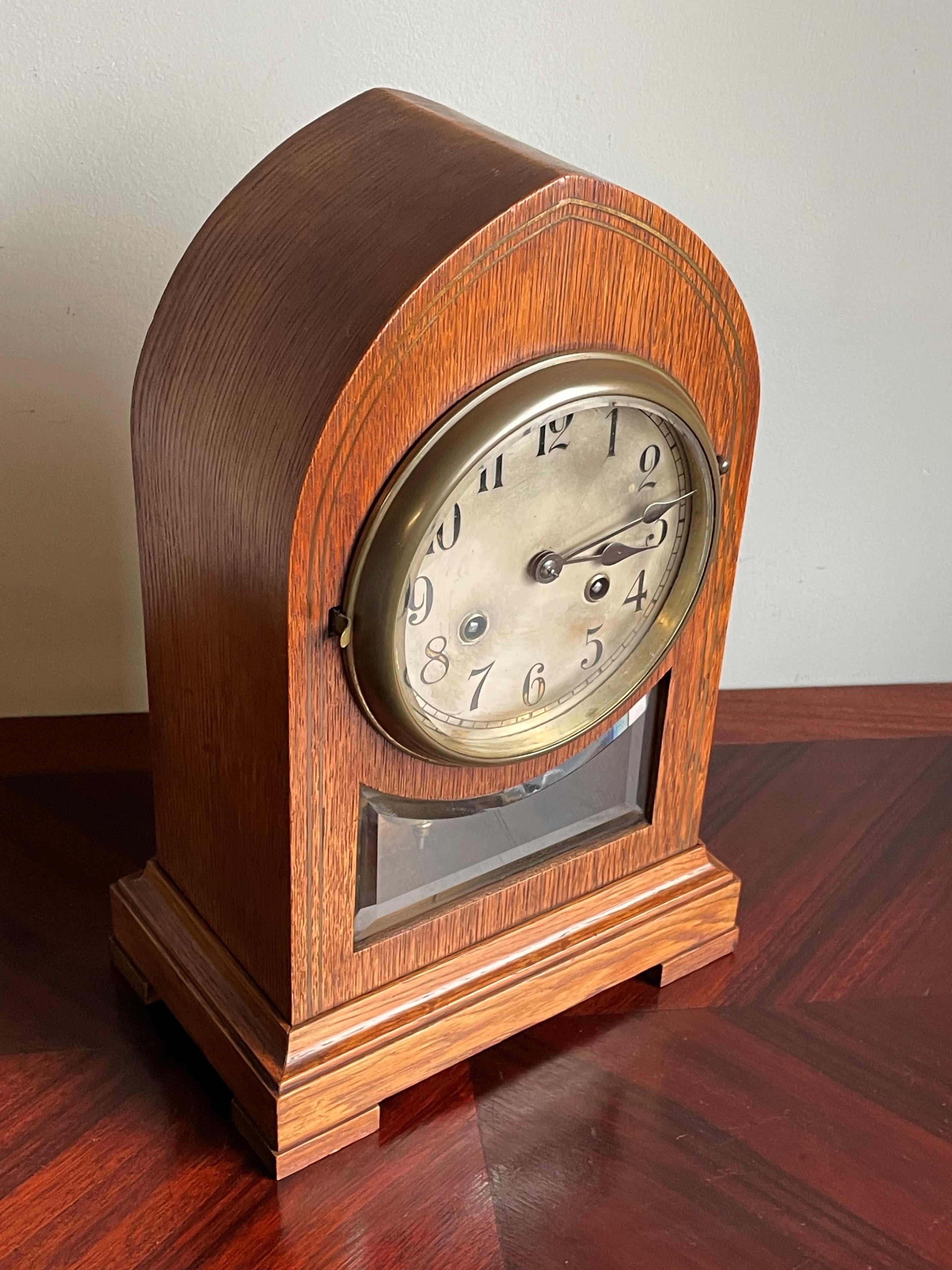 Arts and Crafts Oakwood and Brass Inlay Pendulum / Table Clock w. Beveled Glass 2