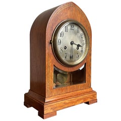 Arts and Crafts Oakwood and Brass Inlay Pendulum / Table Clock w. Beveled Glass