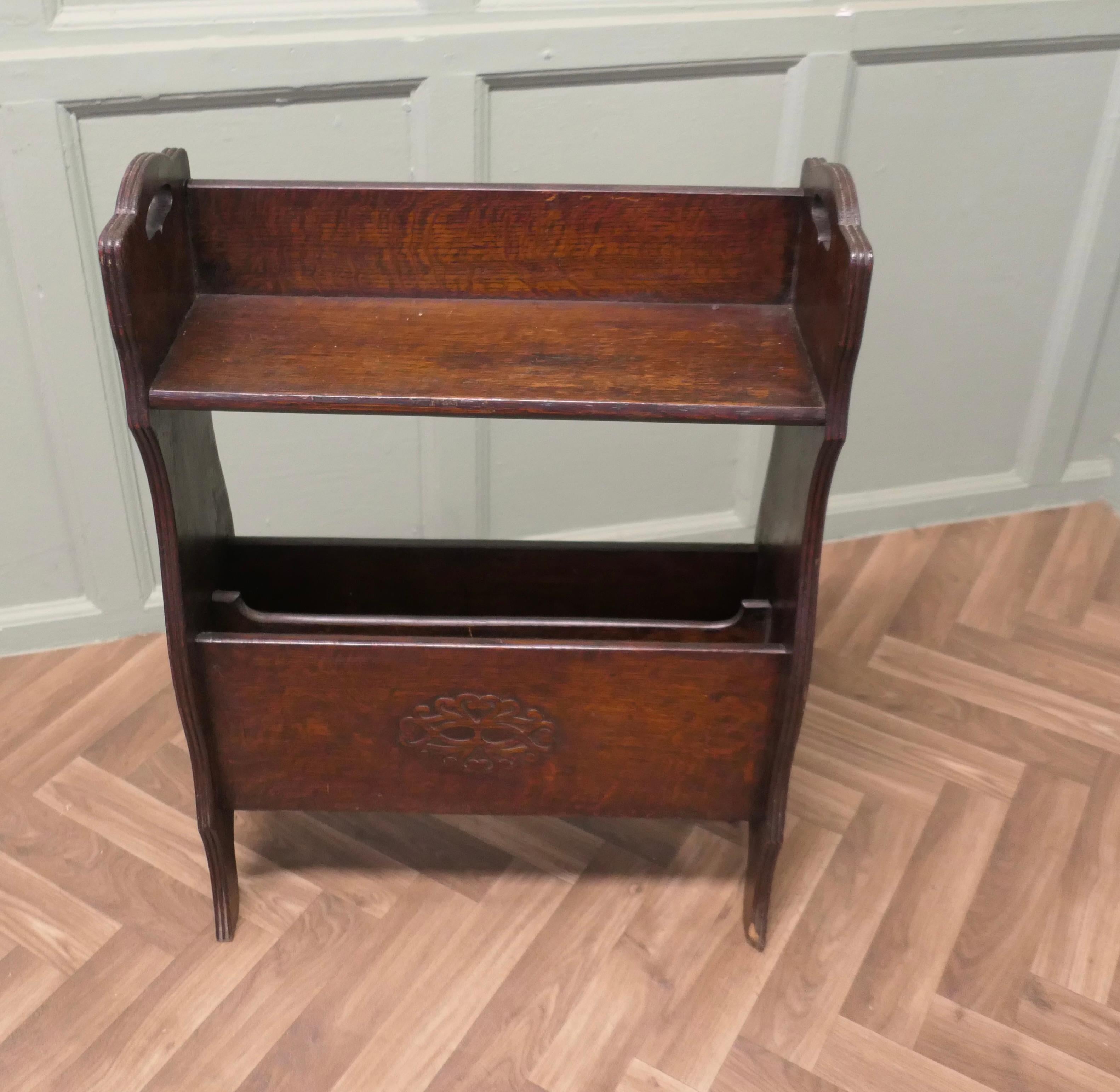 Art Deco Arts and Crafts Open Front Oak Bookcase with Magazine Rack For Sale
