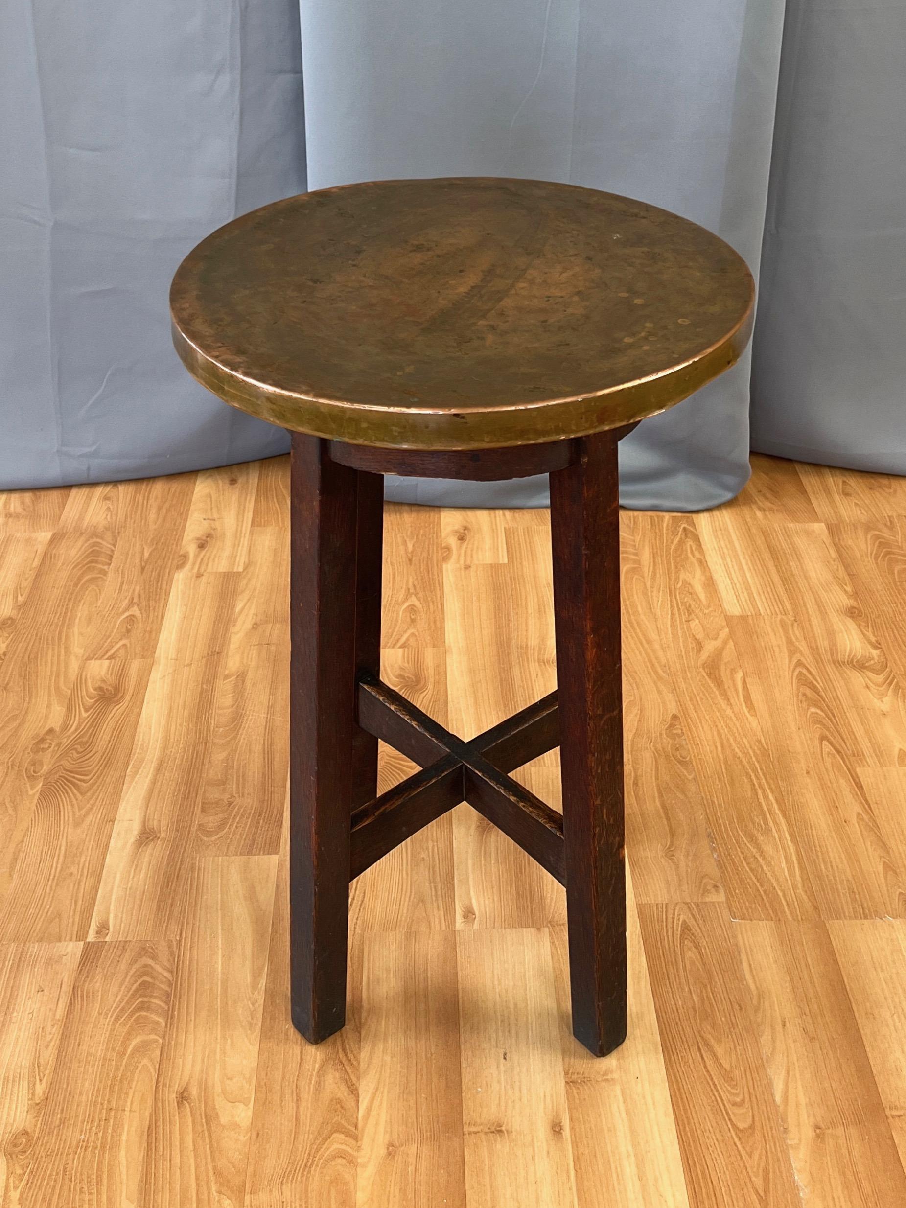 Arts and Crafts or Mission Copper-Top Oak Side Table or Plant Stand, circa 1920 For Sale 5