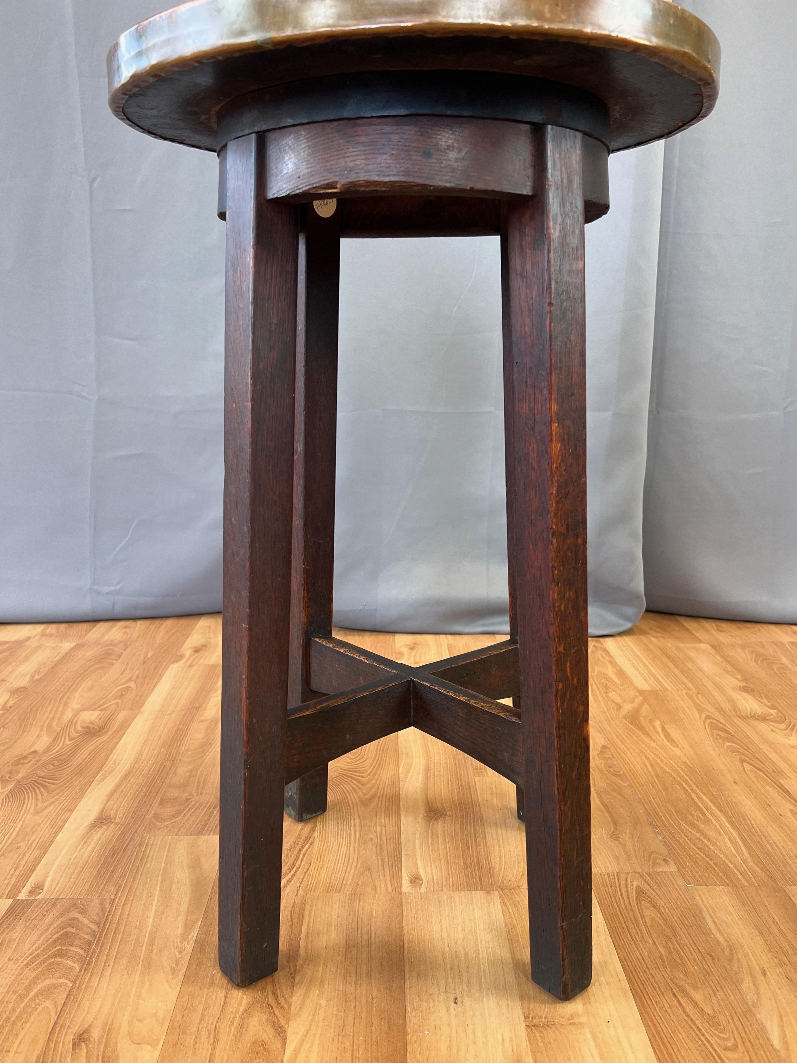 Arts and Crafts or Mission Copper-Top Oak Side Table or Plant Stand, circa 1920 For Sale 11
