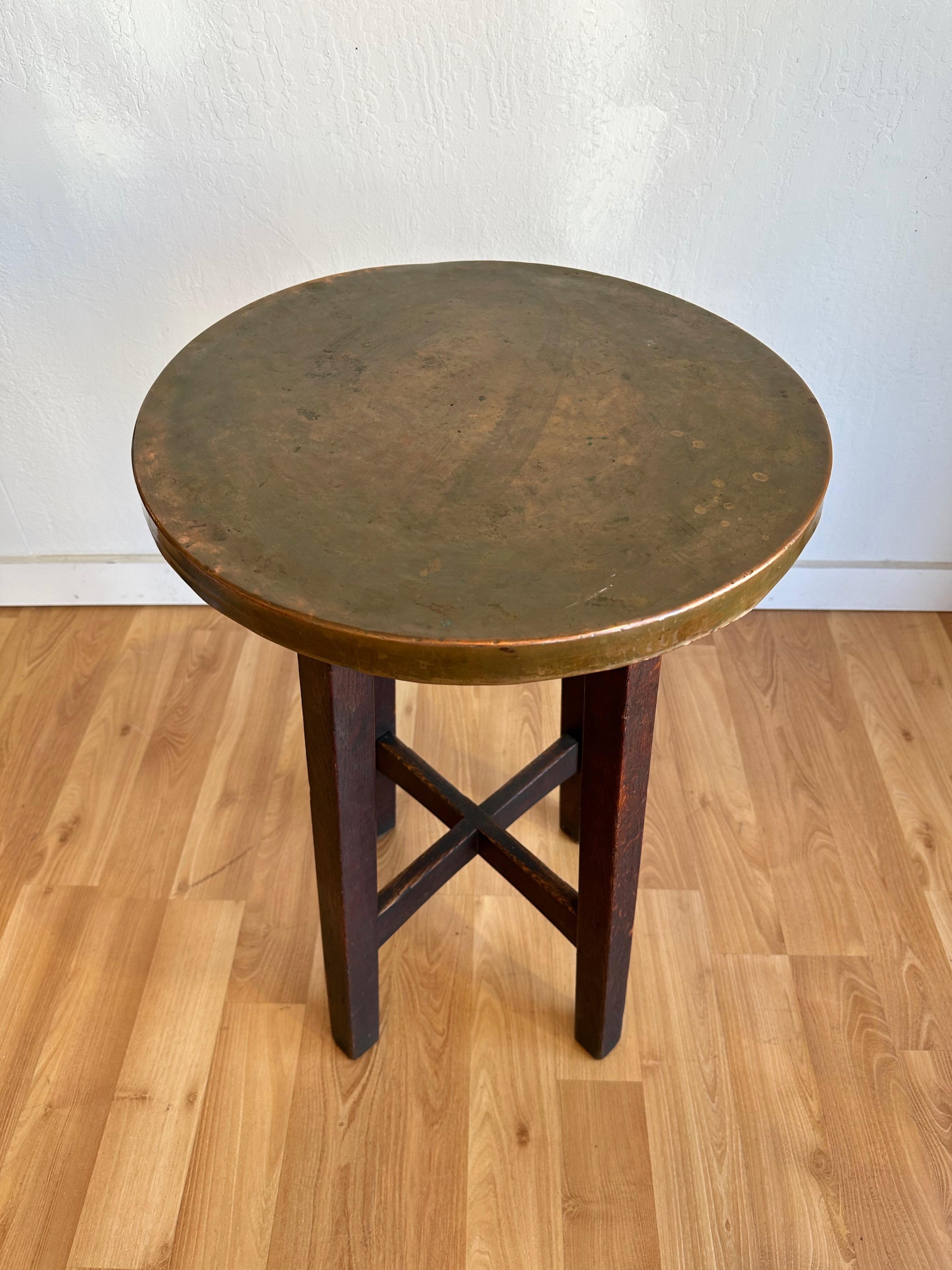 Stained Arts and Crafts or Mission Copper-Top Oak Side Table or Plant Stand, circa 1920 For Sale