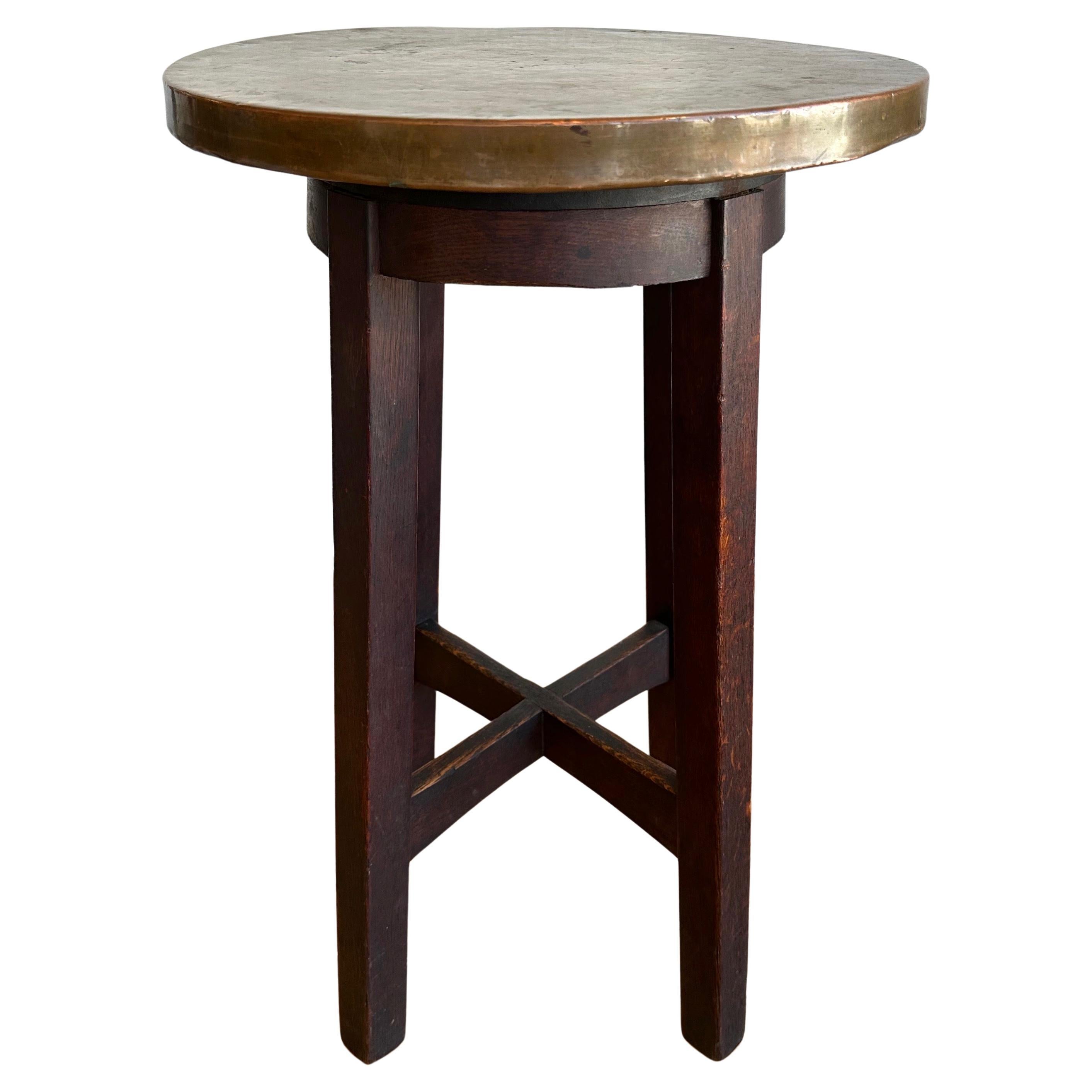 Arts and Crafts or Mission Copper-Top Oak Side Table or Plant Stand, circa 1920 For Sale