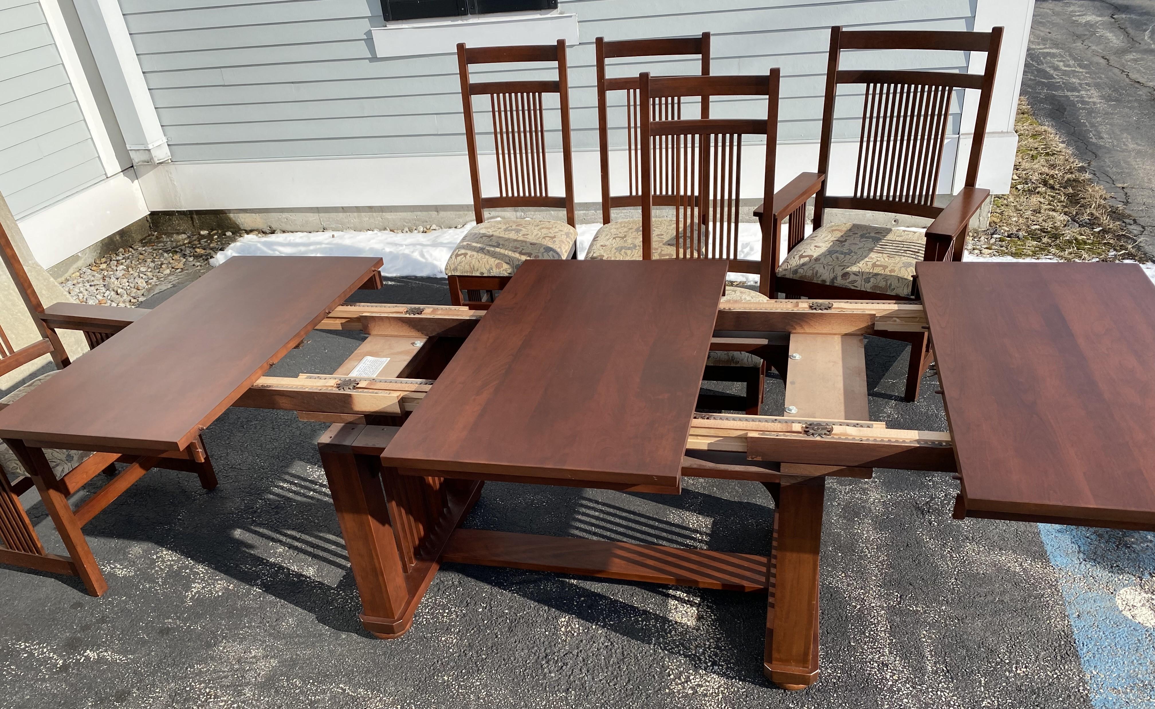 Arts and Crafts or Mission Style Cherry Dining Set, Table with Eight Chairs In Good Condition In Milford, NH