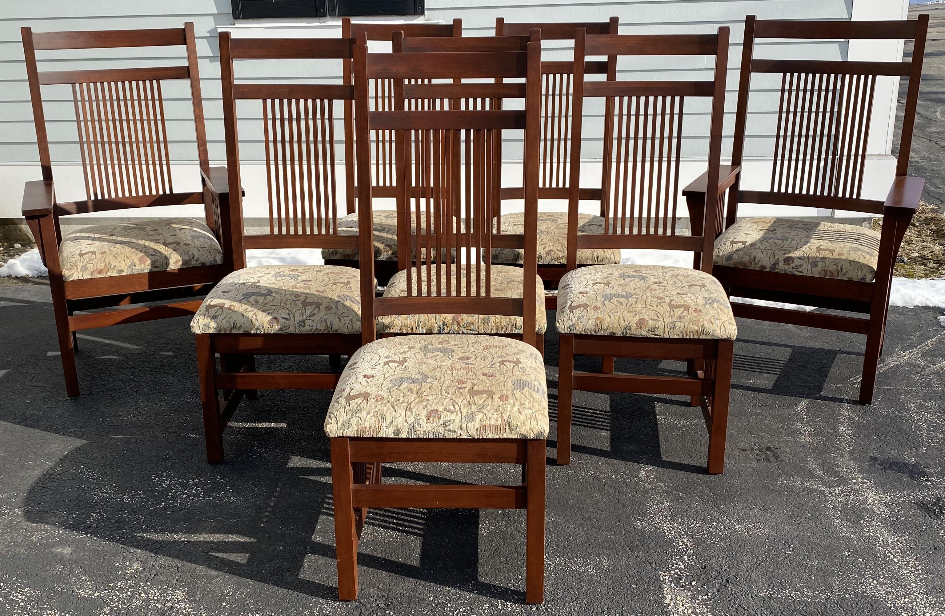 Upholstery Arts and Crafts or Mission Style Cherry Dining Set, Table with Eight Chairs