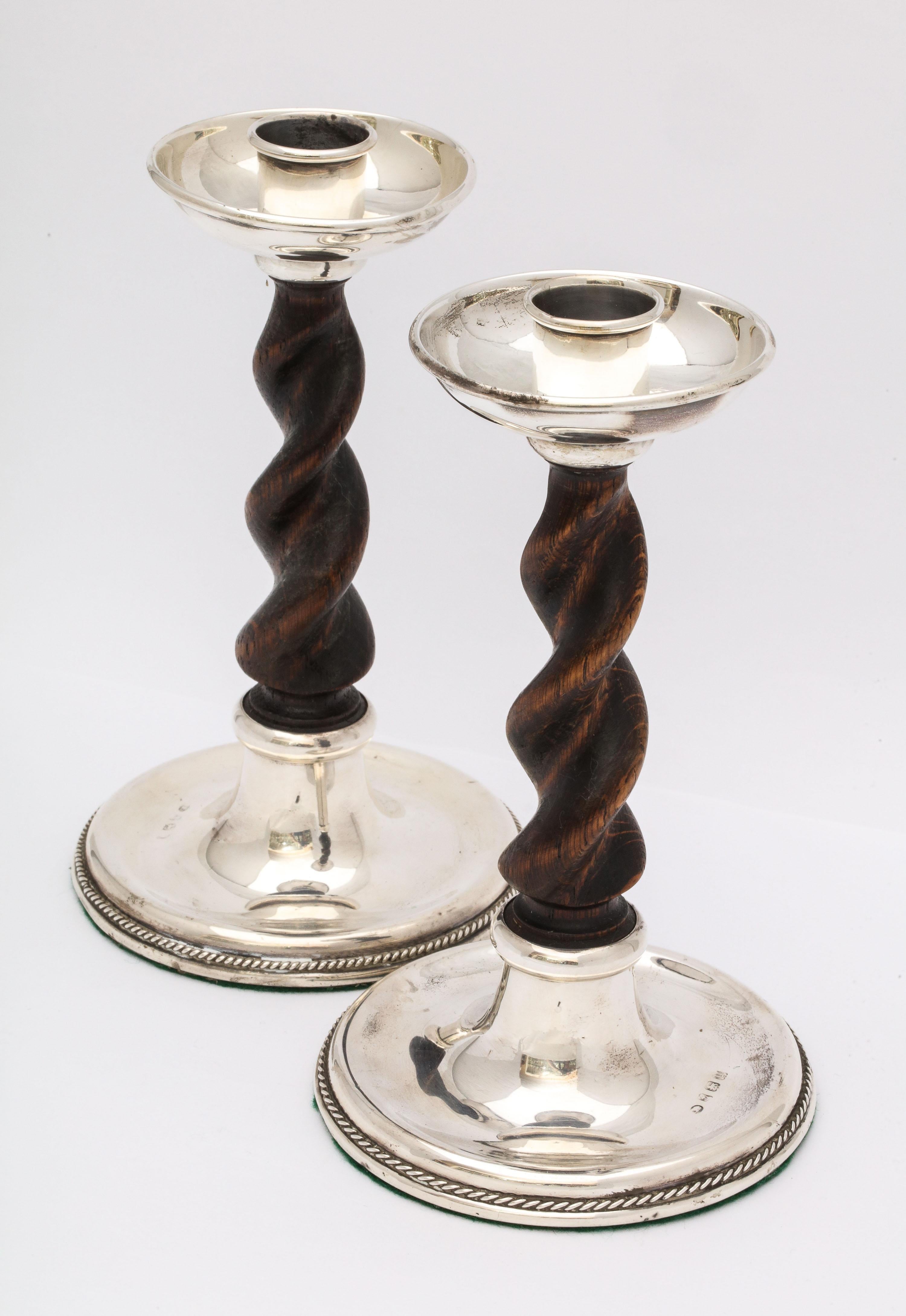 Arts & Crafts Pair of Sterling Silver-Mounted Wood Barley Twist Candlesticks 4