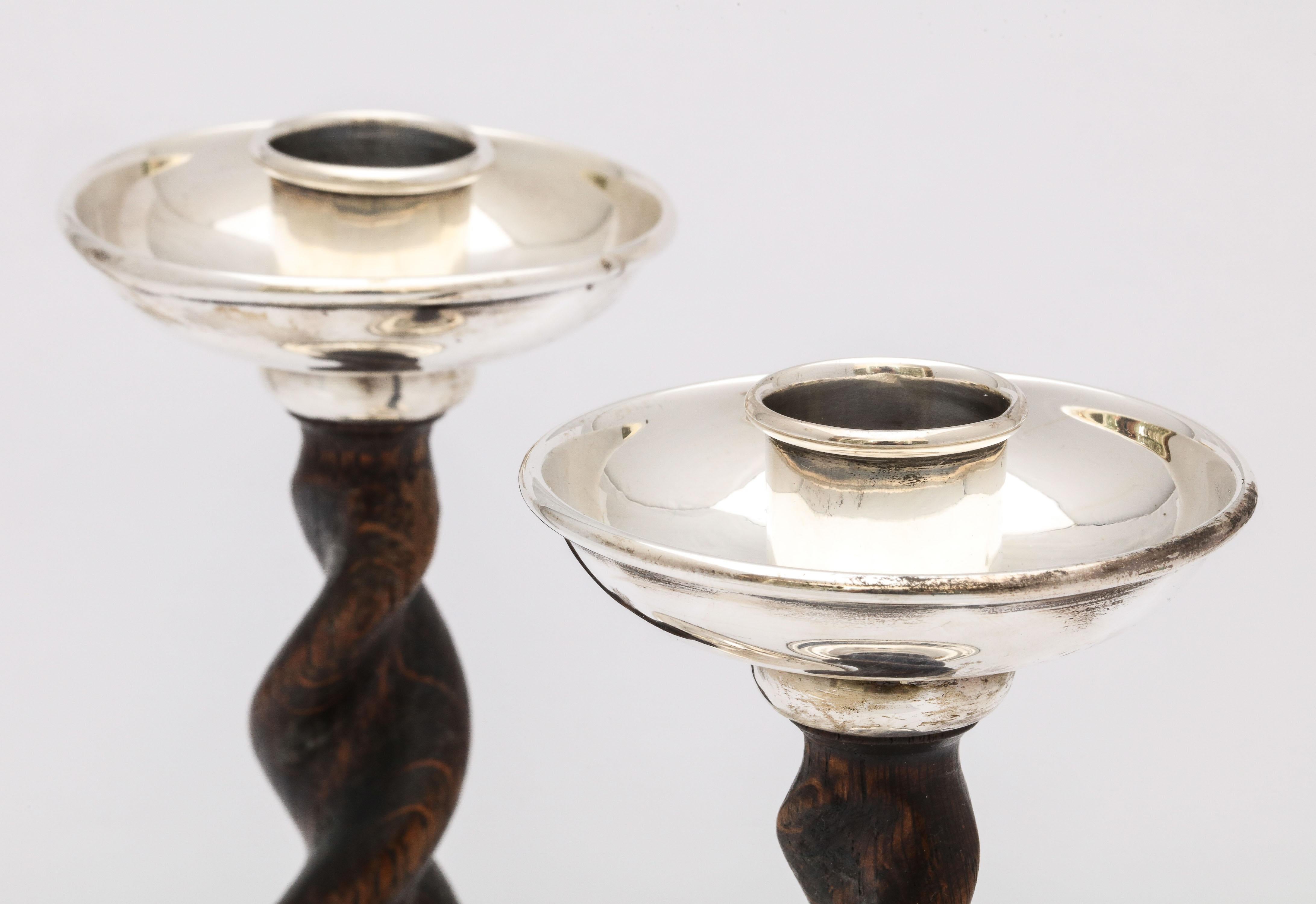 Arts & Crafts Pair of Sterling Silver-Mounted Wood Barley Twist Candlesticks In Good Condition In New York, NY