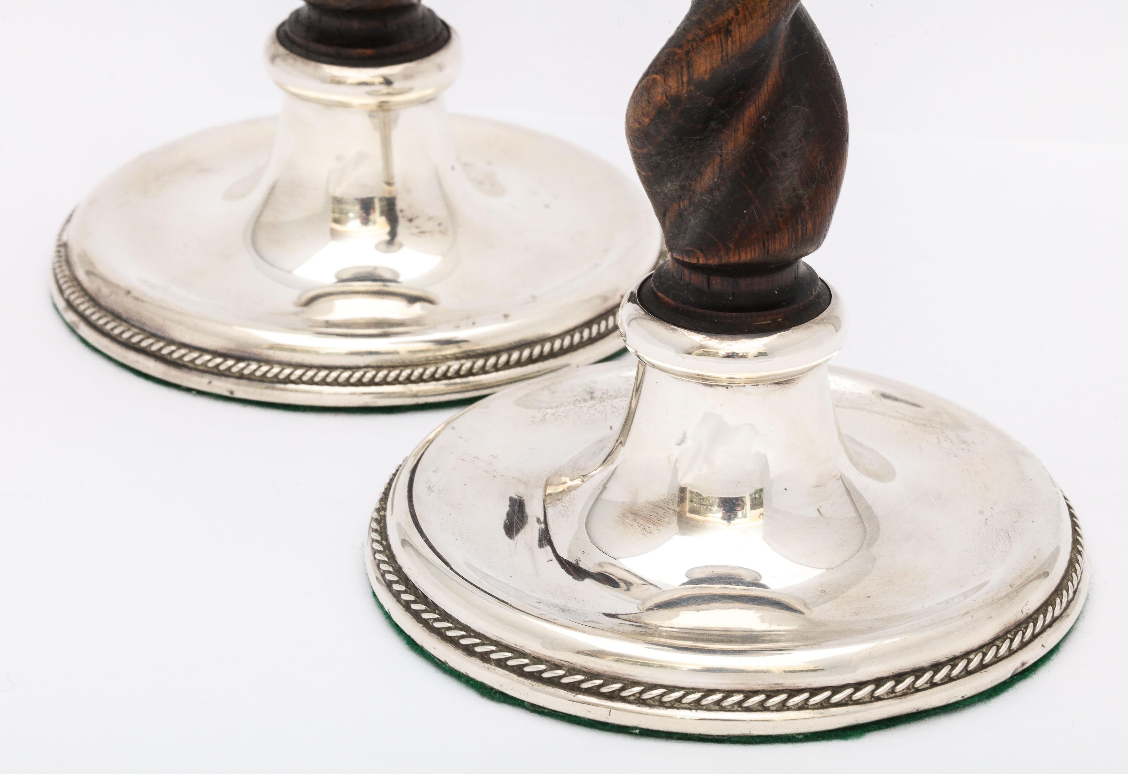 Early 20th Century Arts & Crafts Pair of Sterling Silver-Mounted Wood Barley Twist Candlesticks