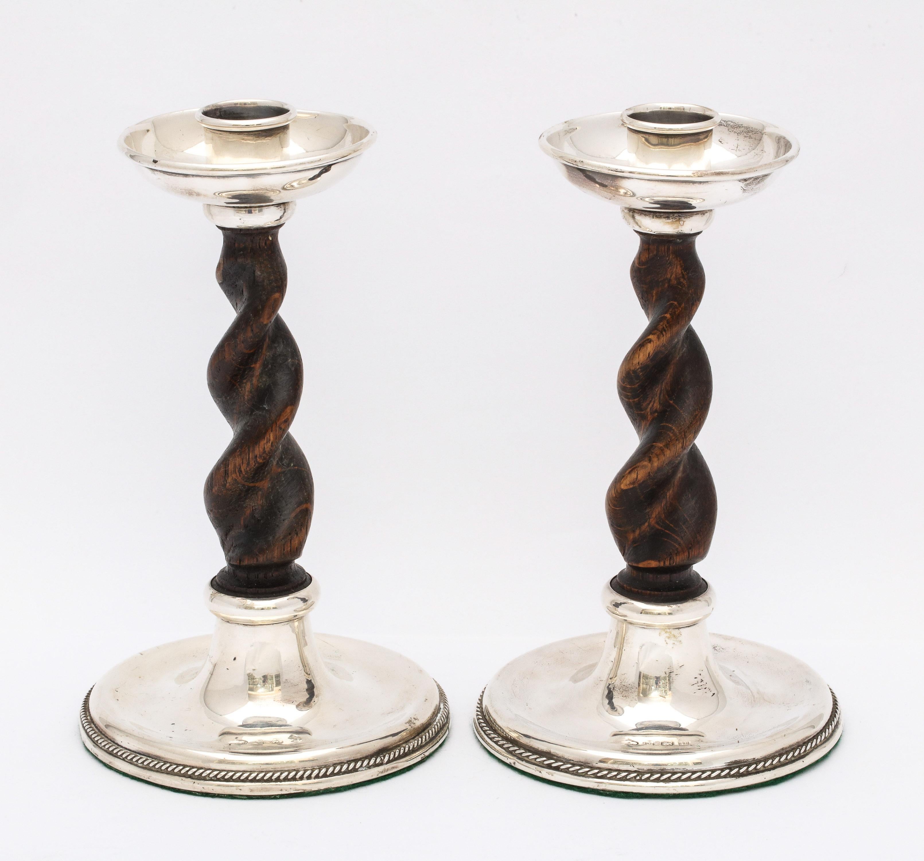 Arts & Crafts Pair of Sterling Silver-Mounted Wood Barley Twist Candlesticks 1