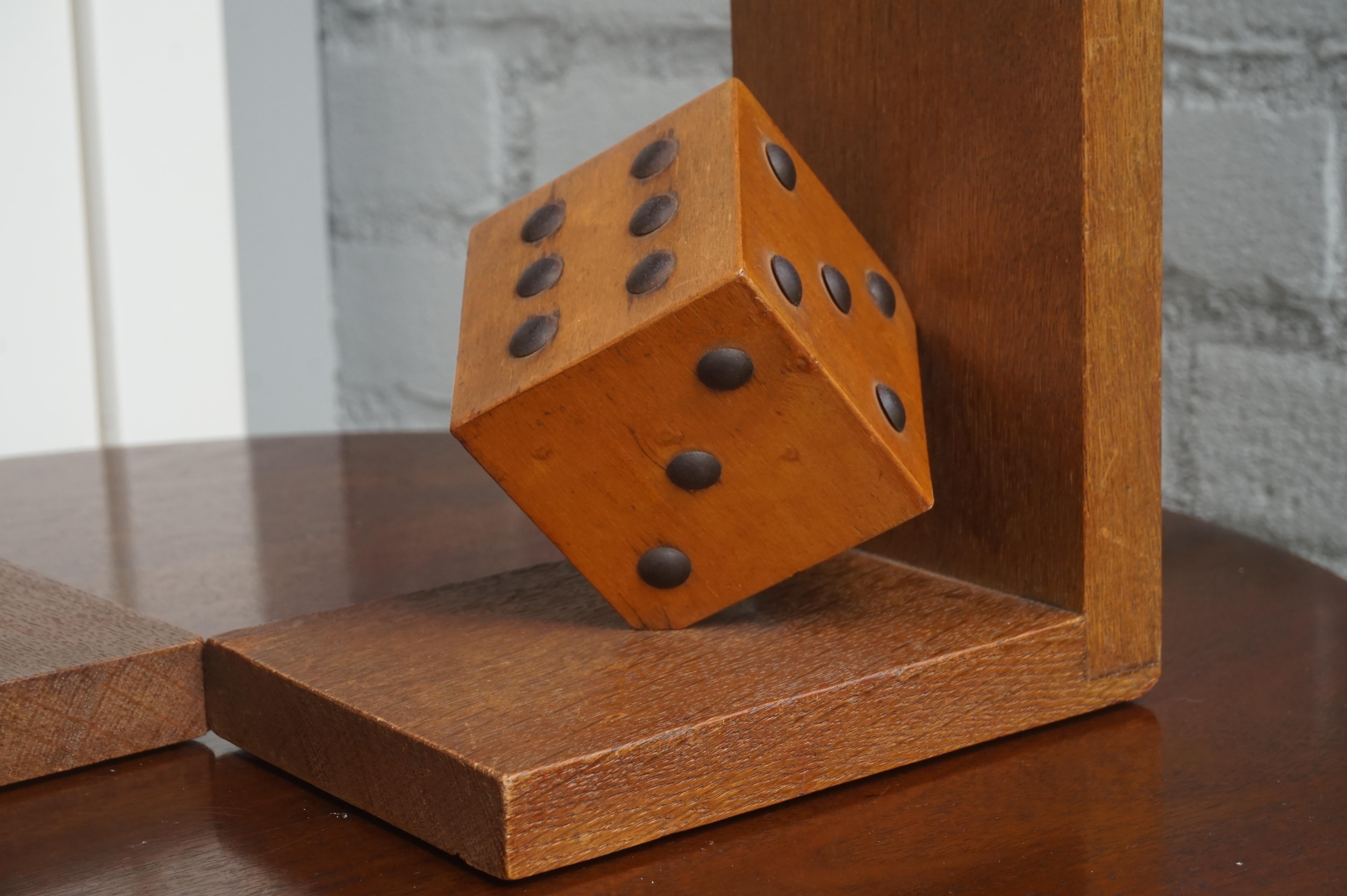 Arts & Crafts Pair of Wooden Dice with Metal Nails Bookends for The Gamblers In Excellent Condition In Lisse, NL