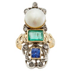 Arts and Crafts Pearl, Emerald, Sapphire, and Diamond 18k Yellow Gold Silver Rin
