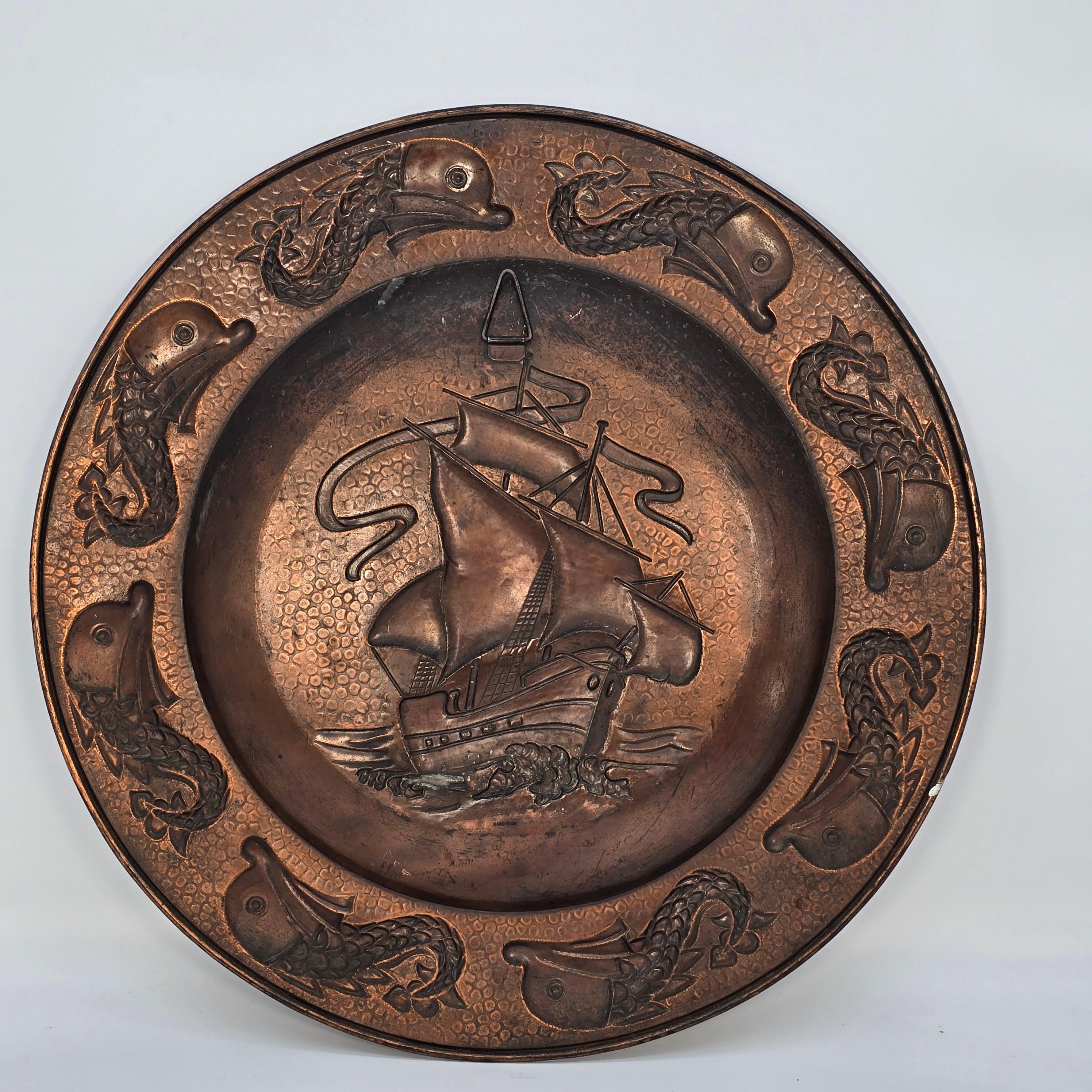 Arts and Crafts period large wall hanging copper charger by J F Poole, English 4