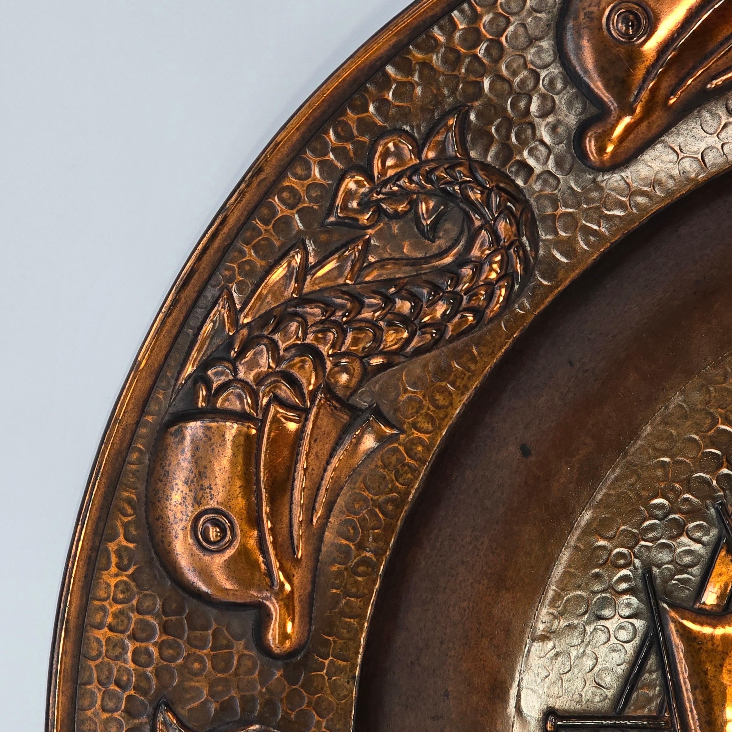 Hammered Arts and Crafts period large wall hanging copper charger by J F Poole, English