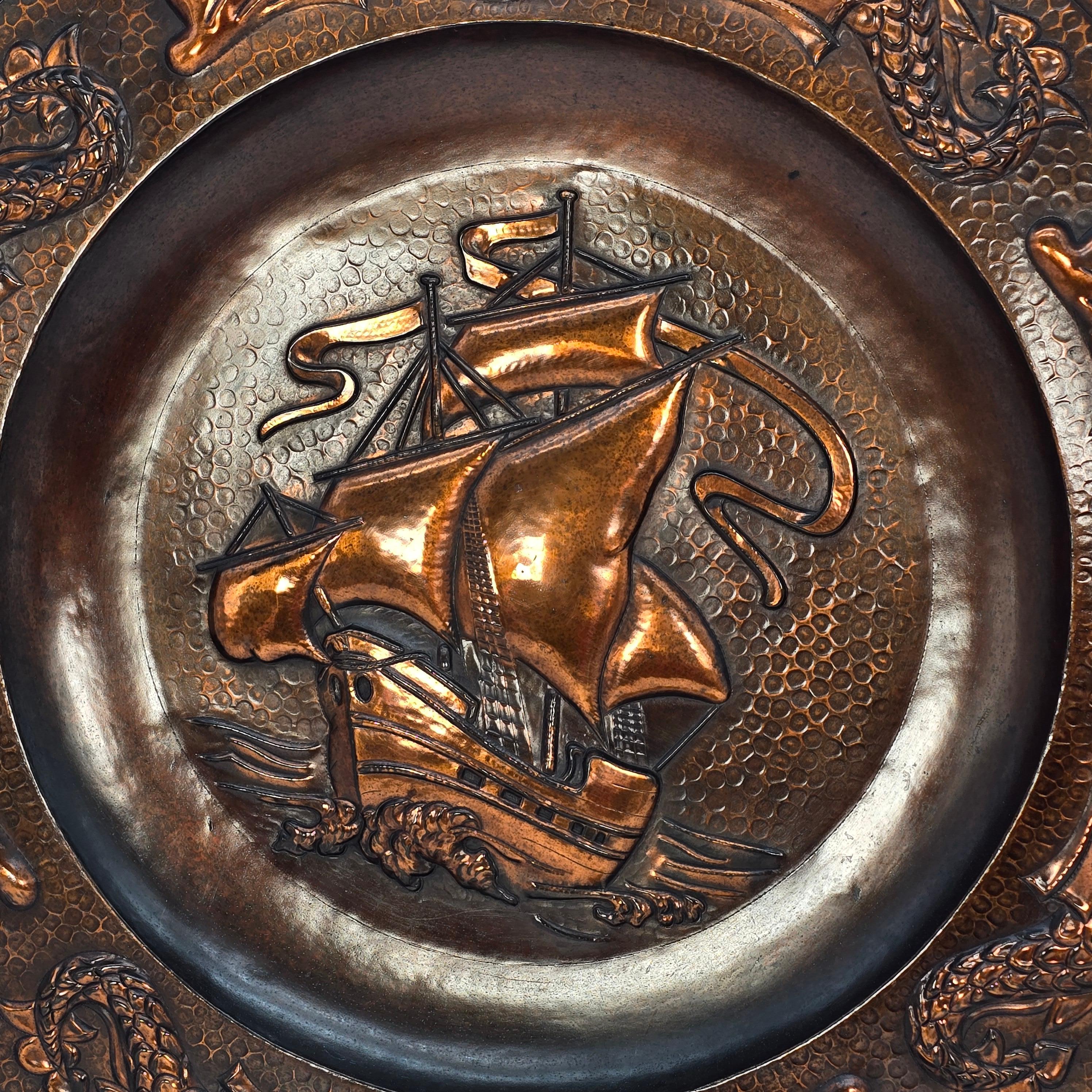 Arts and Crafts period large wall hanging copper charger by J F Poole, English In Good Condition In Central England, GB