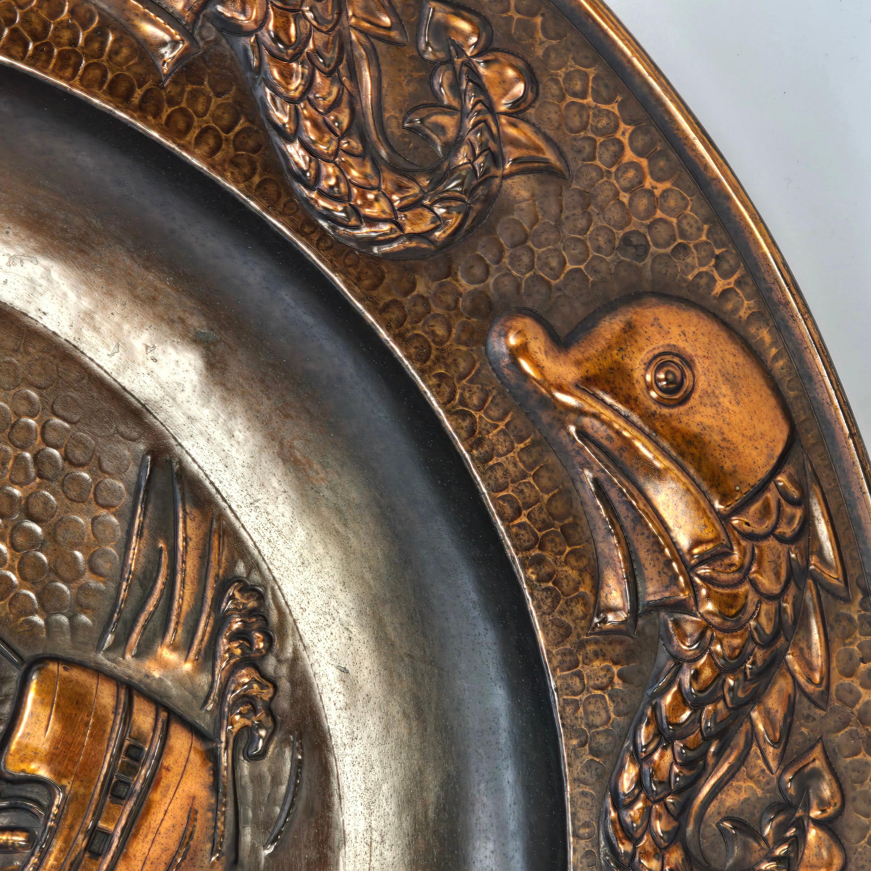 Copper Arts and Crafts period large wall hanging copper charger by J F Poole, English