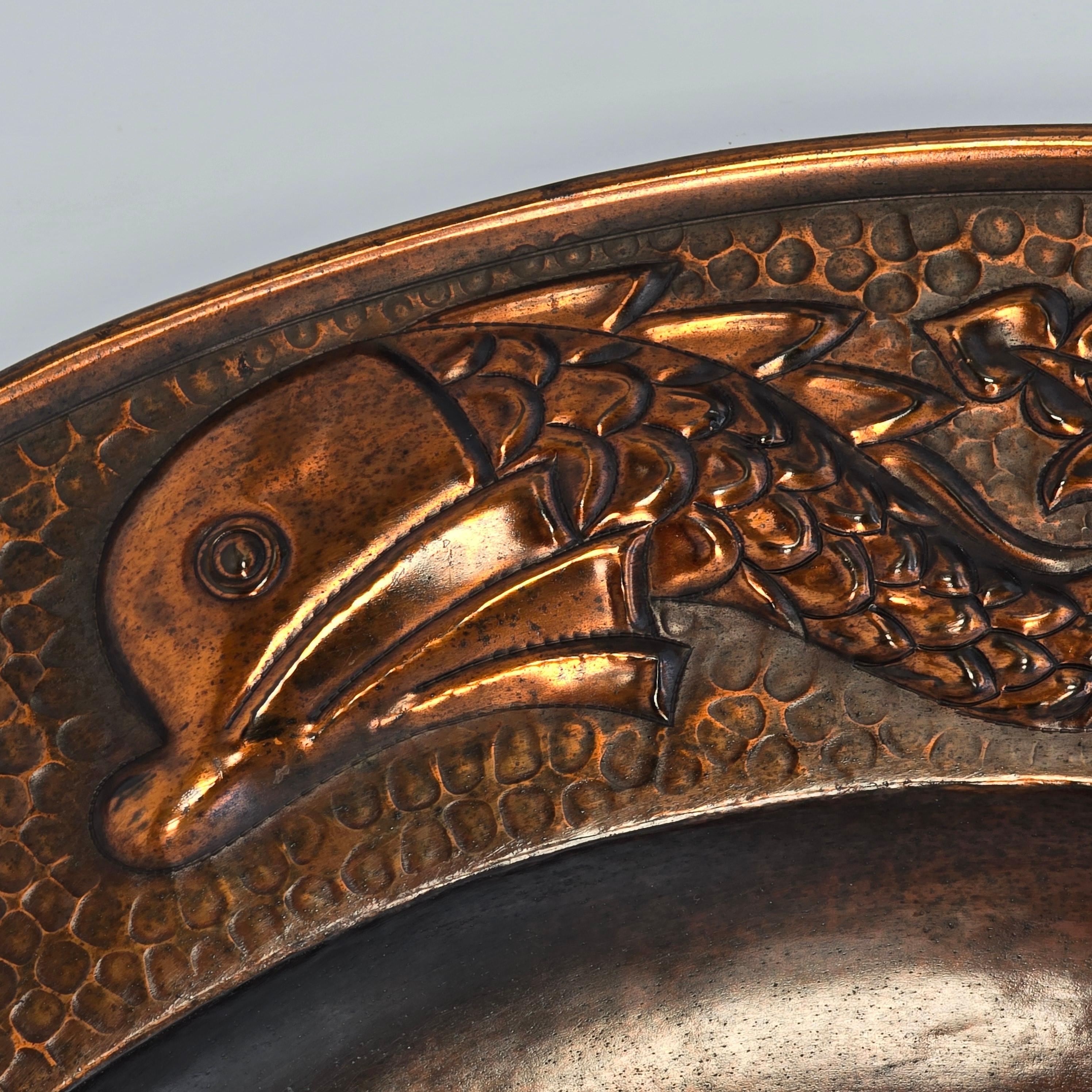 Arts and Crafts period large wall hanging copper charger by J F Poole, English 1