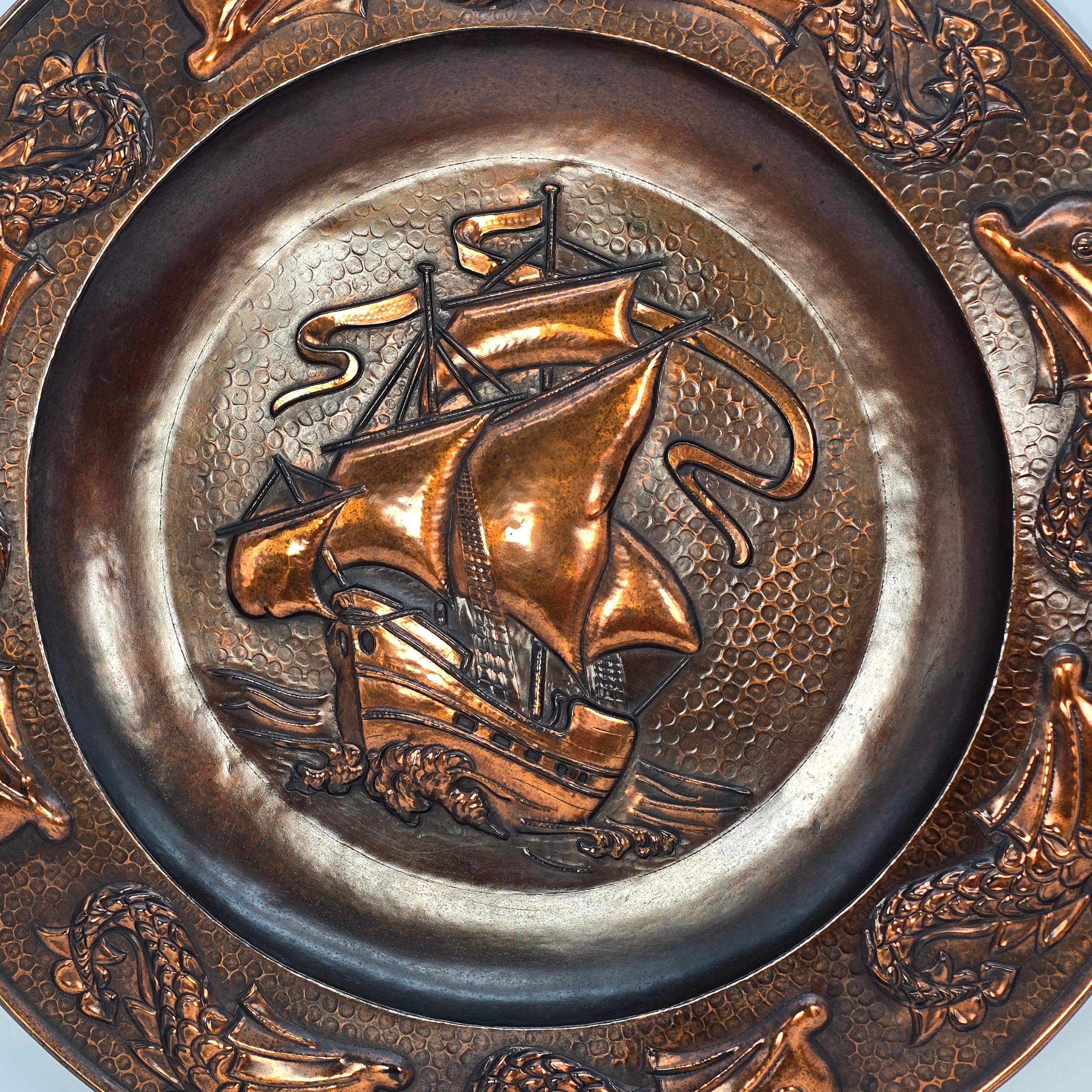 Arts and Crafts period large wall hanging copper charger by J F Poole, English 3