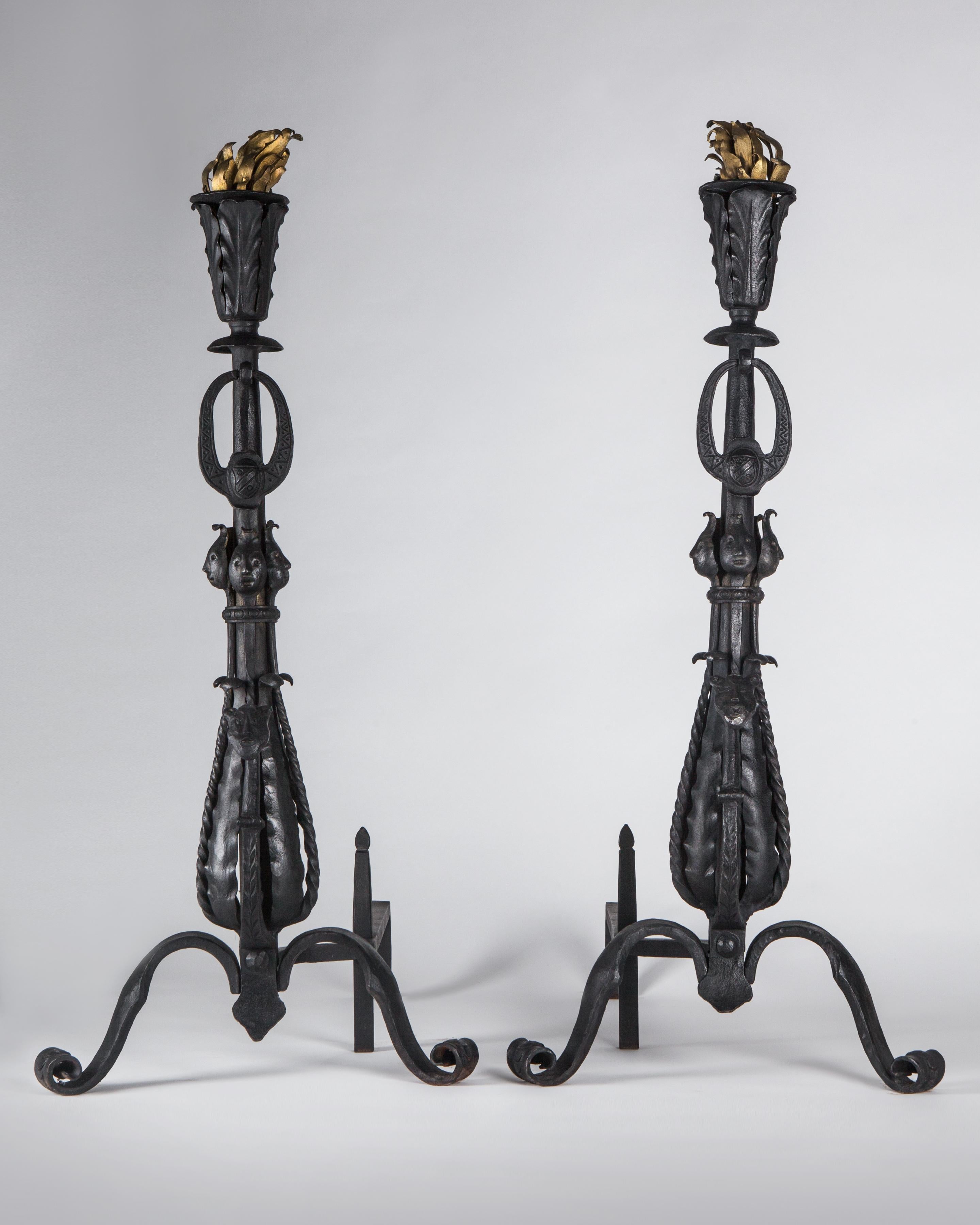 Arts and Crafts Arts & Crafts Period Torch Topped Forged Fireplace Andirons, circa 1920