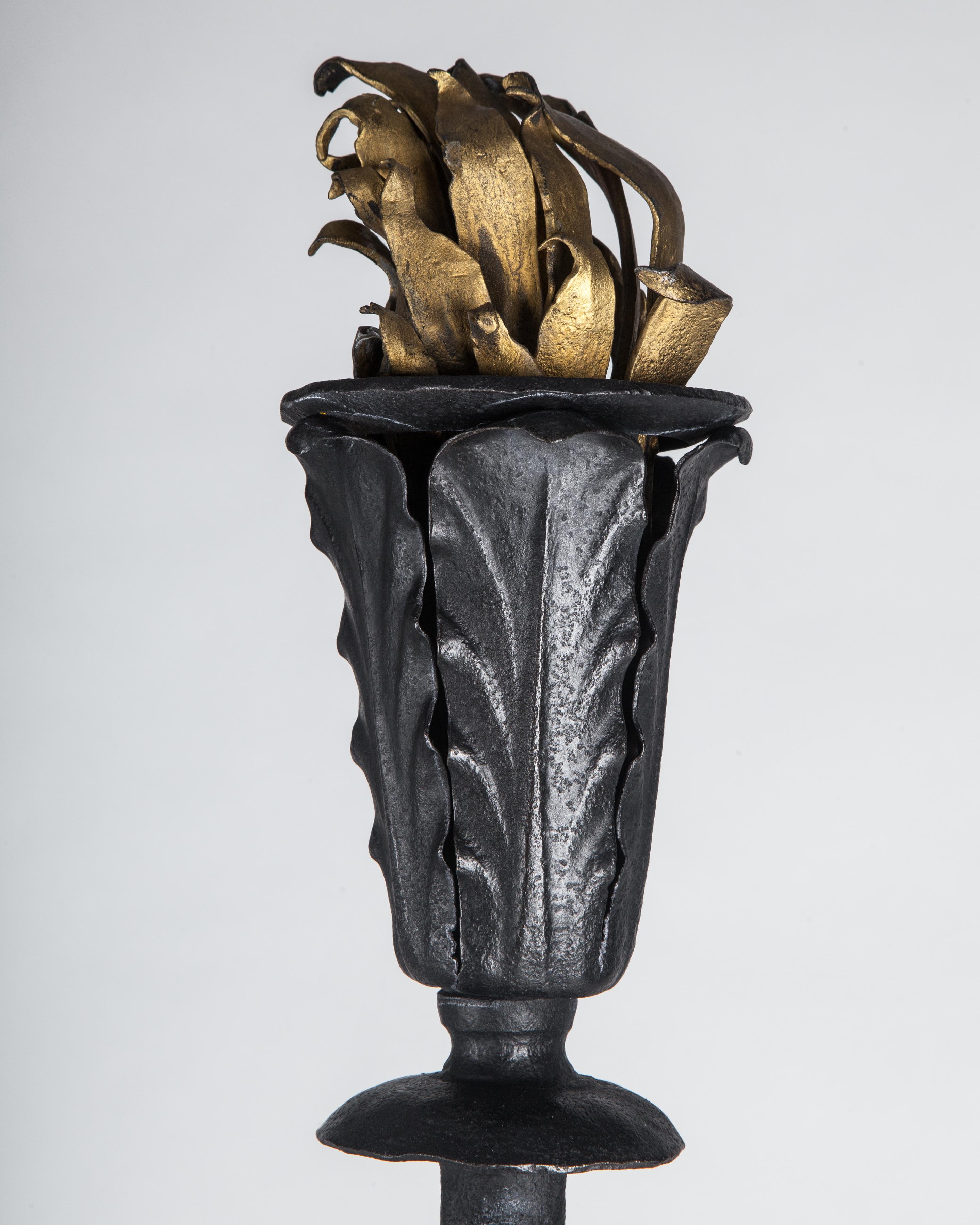 Blackened Arts & Crafts Period Torch Topped Forged Fireplace Andirons, circa 1920