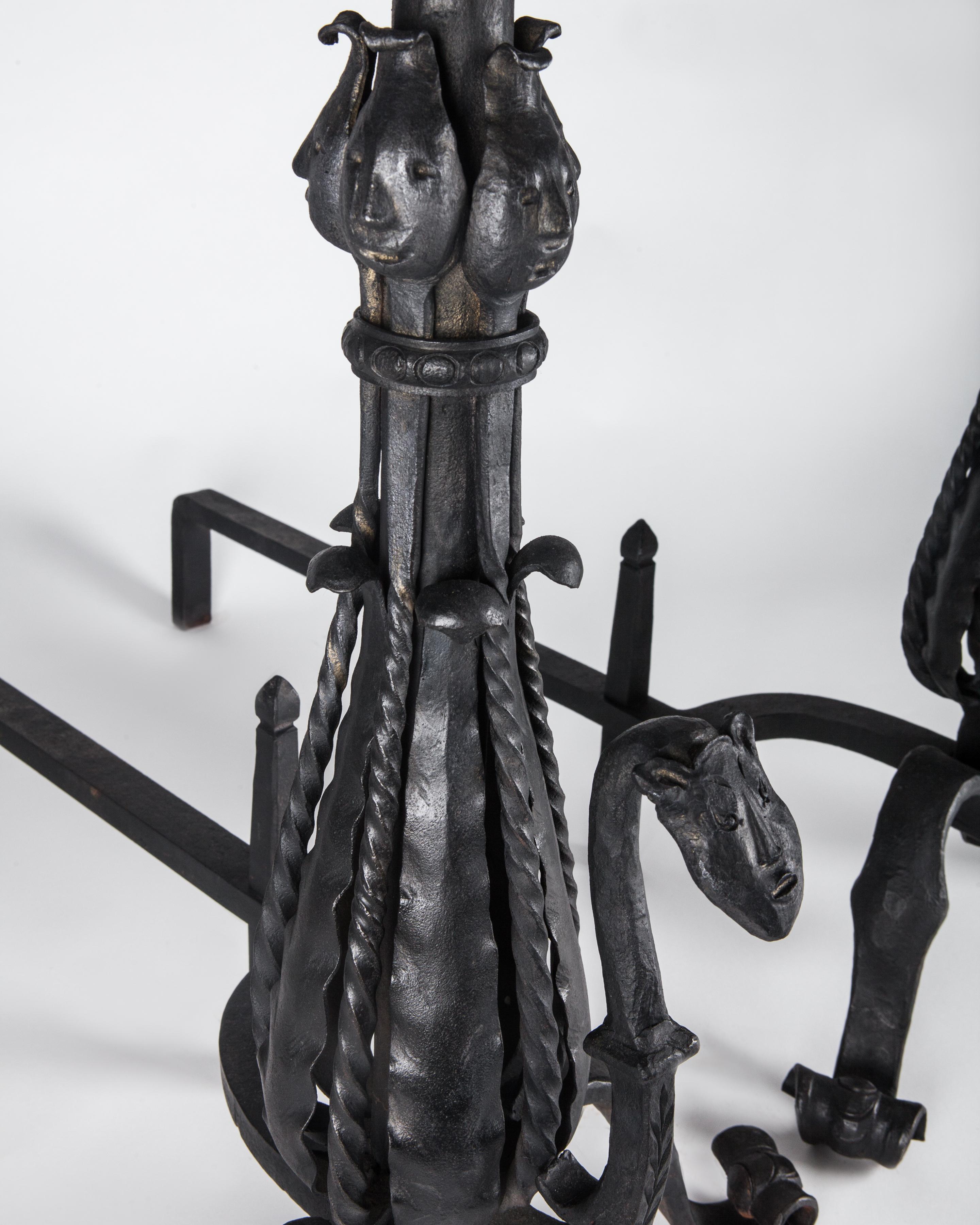 Arts & Crafts Period Torch Topped Forged Fireplace Andirons, circa 1920 1