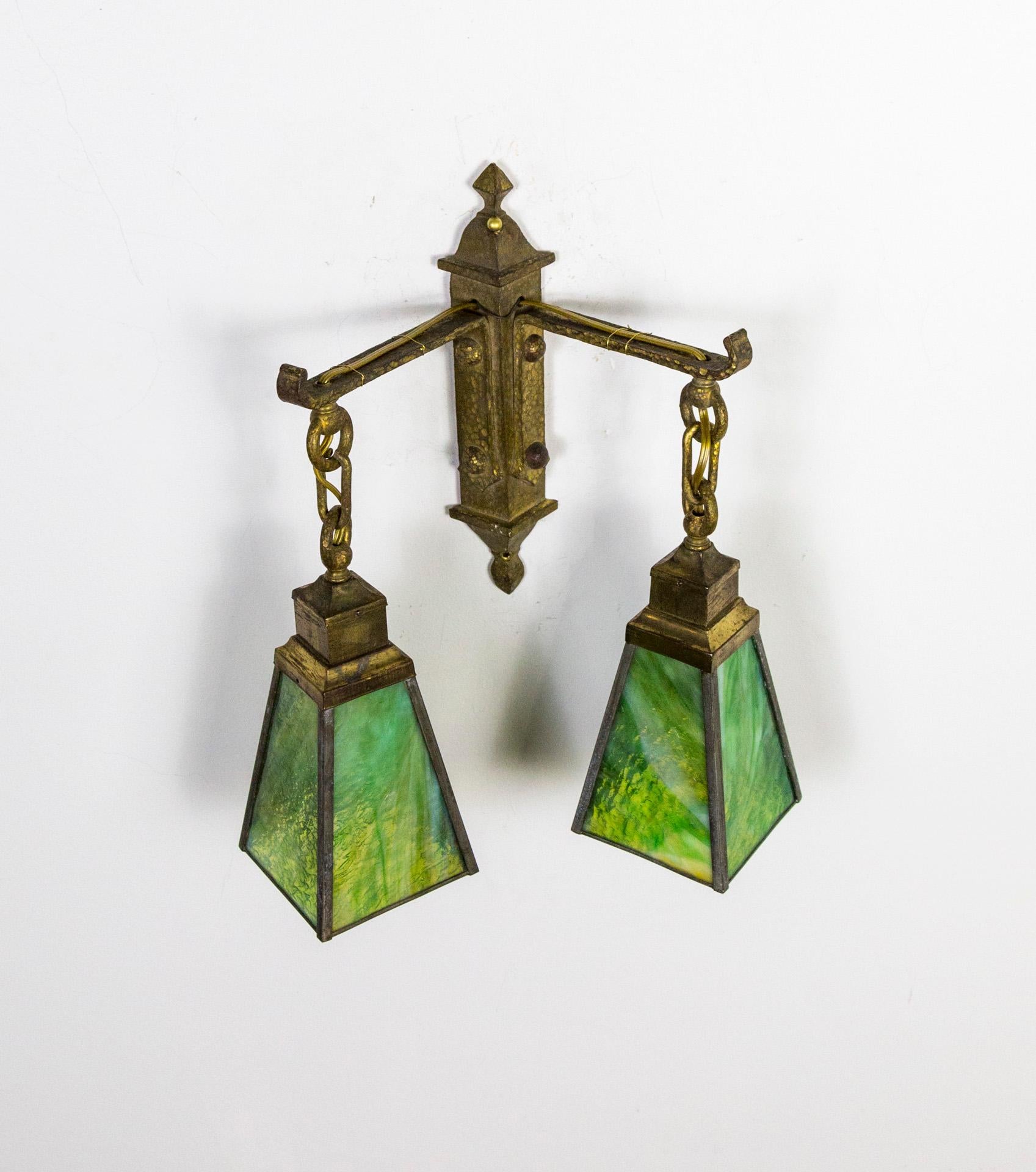 Arts & Crafts Period Two Light Sconce with Green Art Glass Shades 2