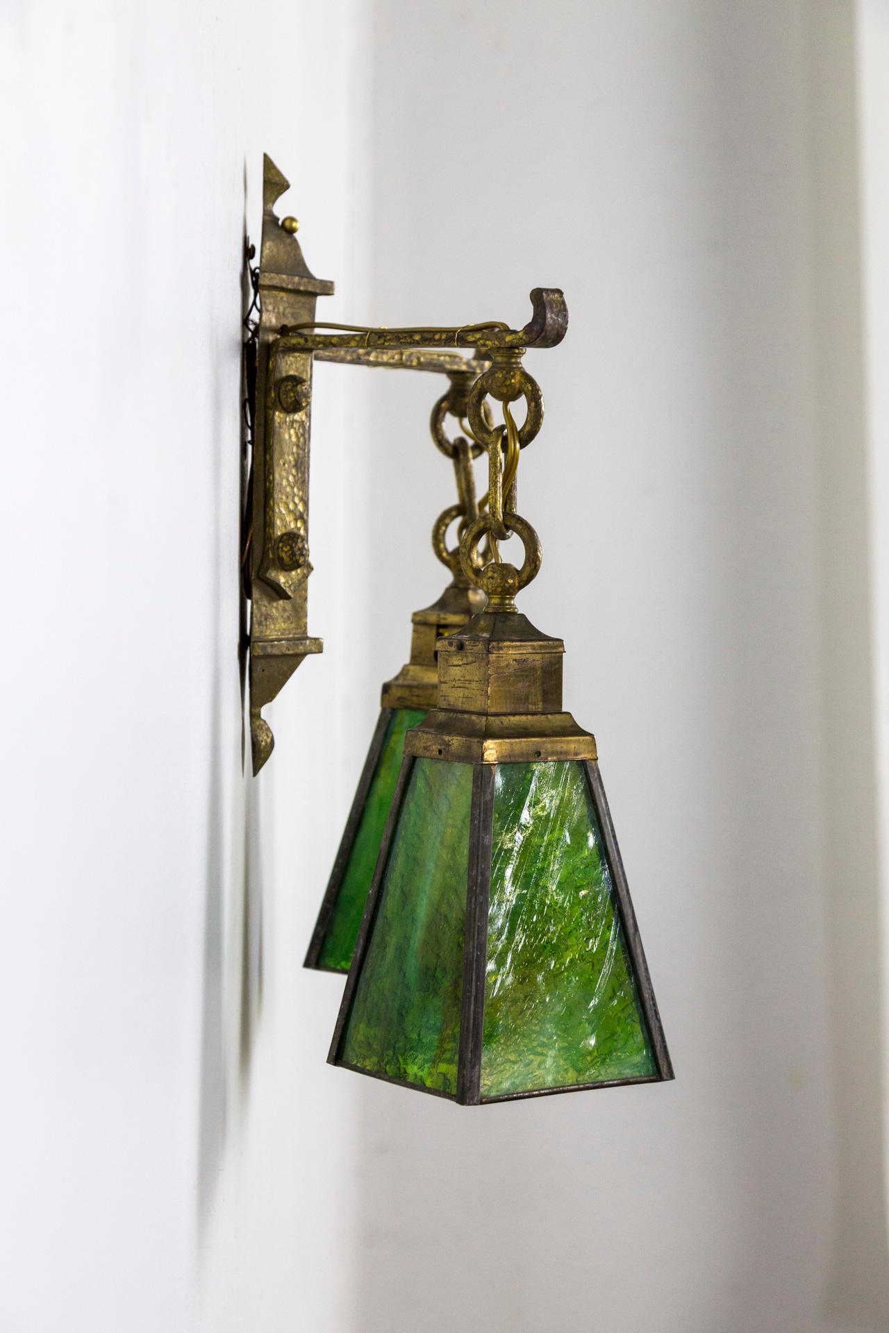 Arts & Crafts Period Two Light Sconce with Green Art Glass Shades 3