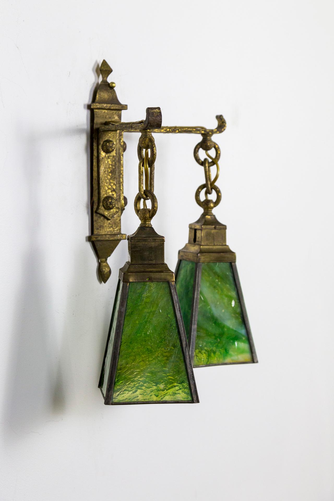 Arts and Crafts Arts & Crafts Period Two Light Sconce with Green Art Glass Shades