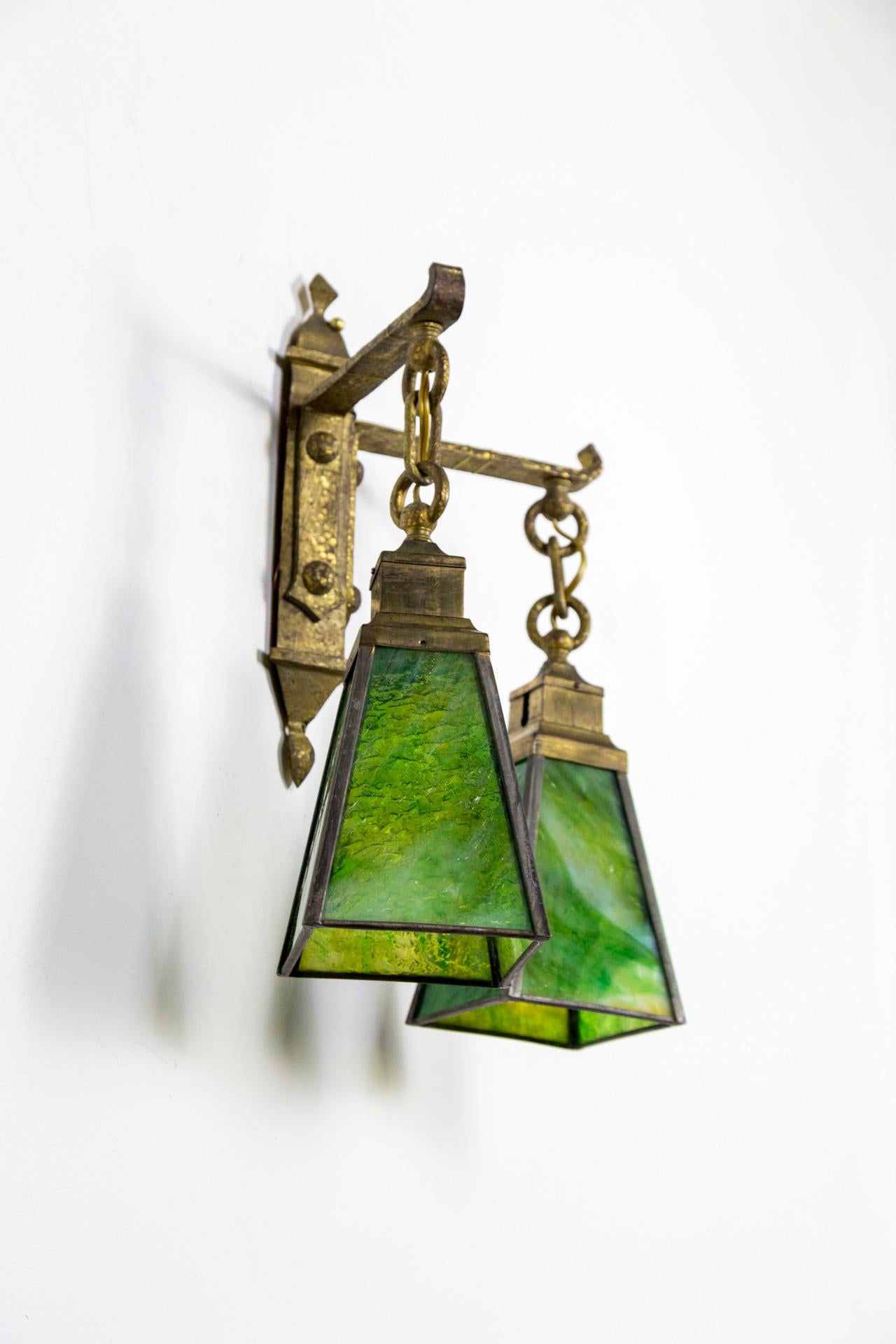 American Arts & Crafts Period Two Light Sconce with Green Art Glass Shades