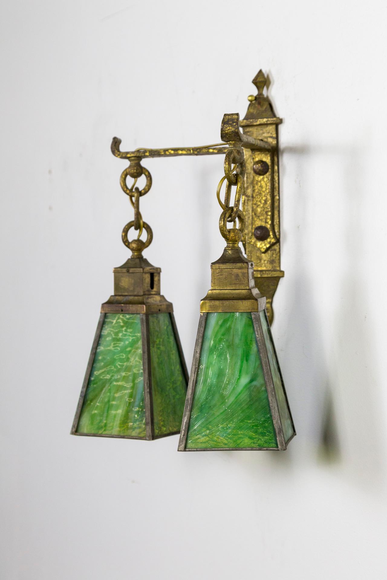 Hammered Arts & Crafts Period Two Light Sconce with Green Art Glass Shades
