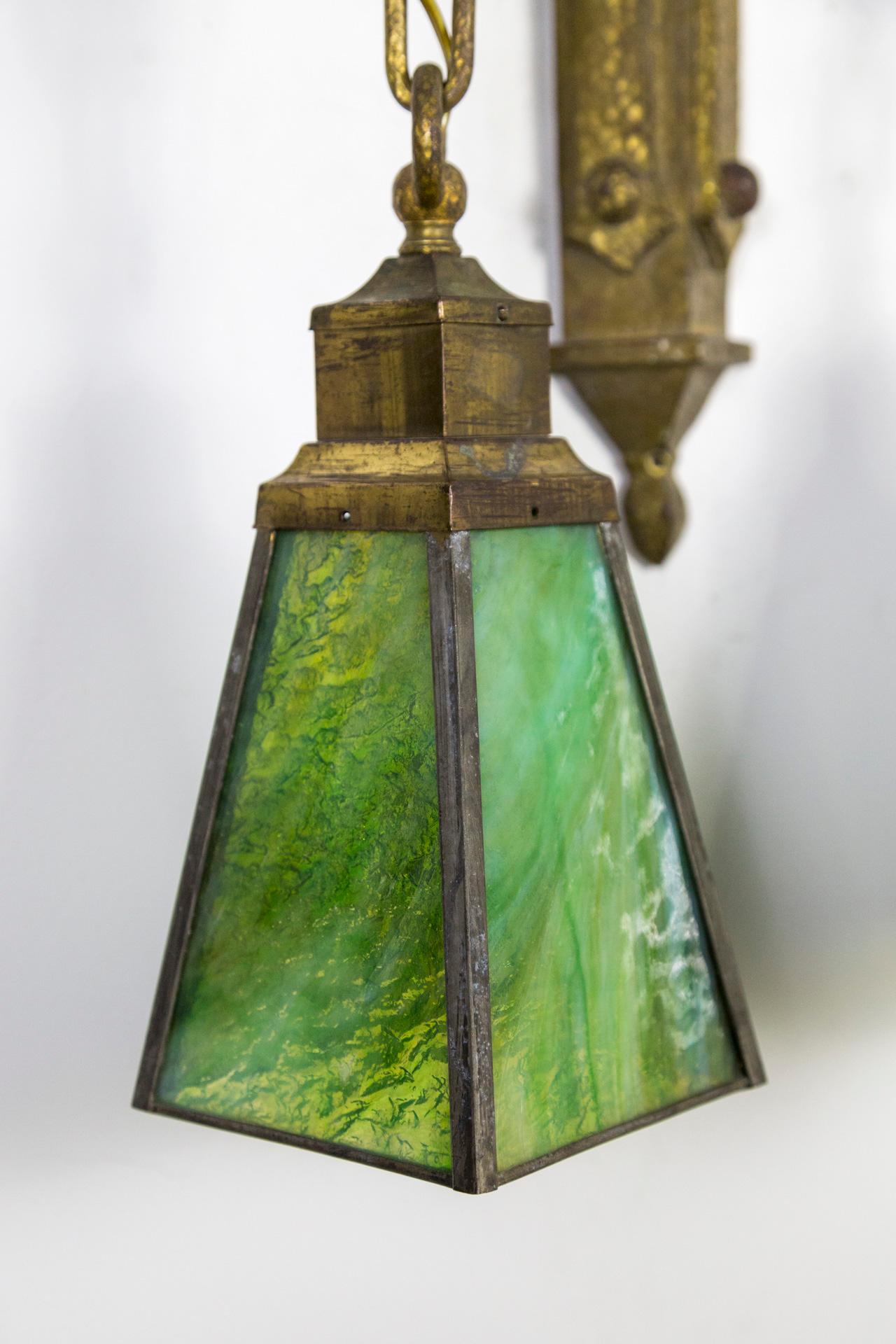 Arts & Crafts Period Two Light Sconce with Green Art Glass Shades In Good Condition In San Francisco, CA