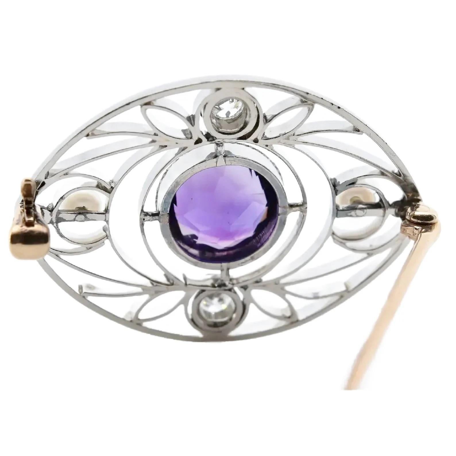 Round Cut Arts and Crafts Platinum Amethyst, Diamond, and Pearl Brooch For Sale
