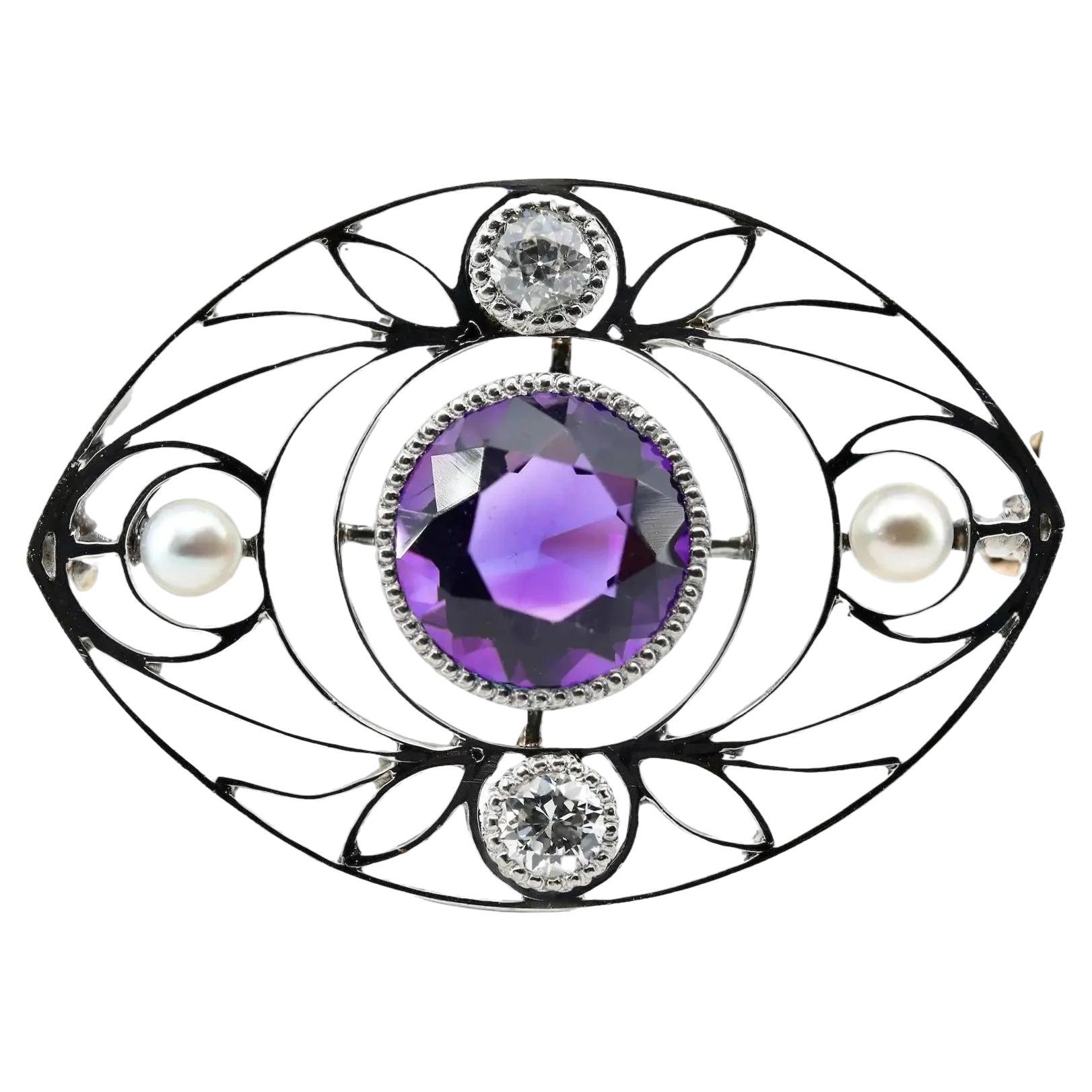 Arts and Crafts Platinum Amethyst, Diamond, and Pearl Brooch For Sale