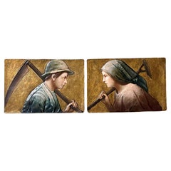 Arts and Crafts Polychrome Painted Plaques Circa 1900
