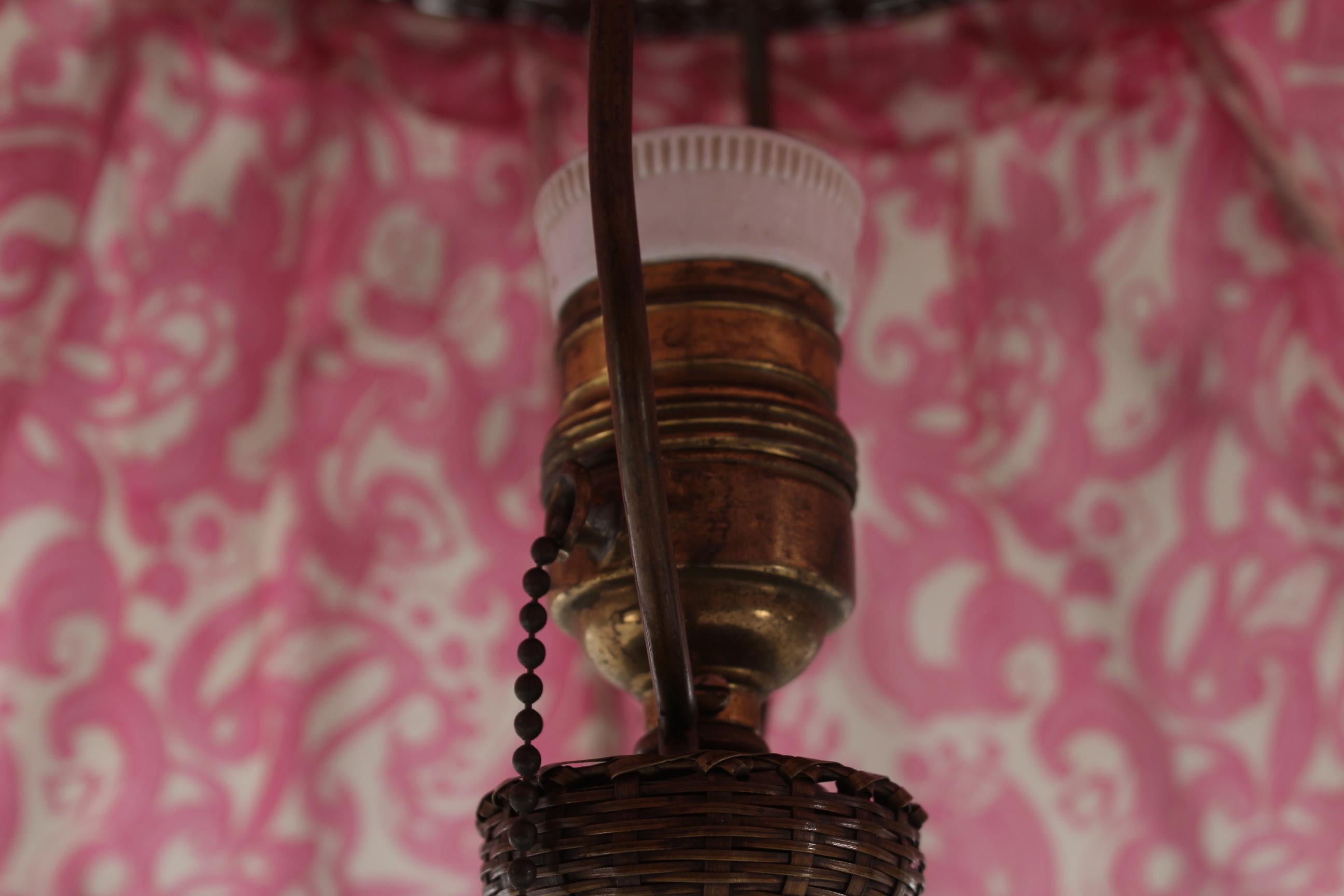 Metal Arts and Crafts Pull Chain Table Lamp of Plaited Brass with Floral Fabric 1930s For Sale