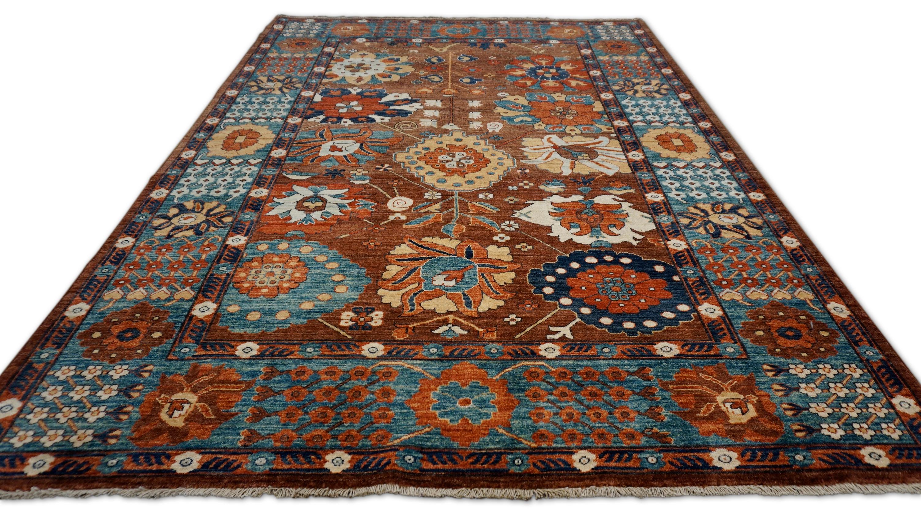 Pakistanais Arts and Crafts Bleu rouille  Tapis en laine à motifs botaniques 6'4''x8'1'' en vente