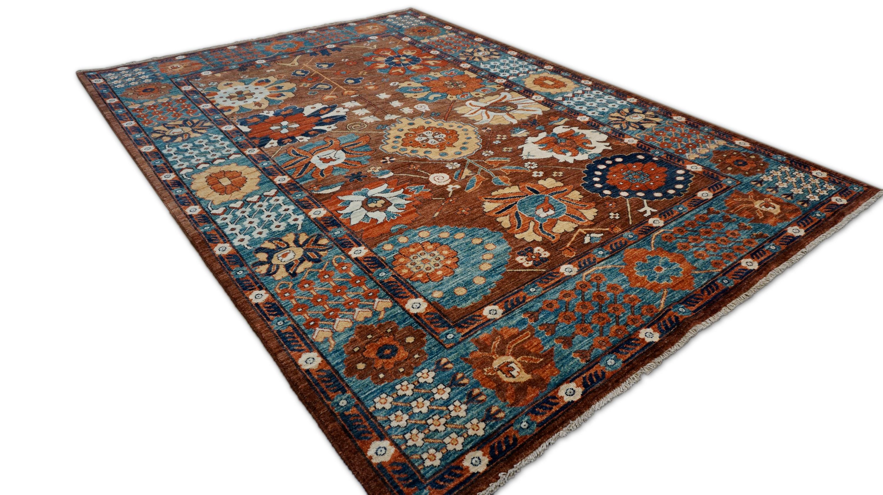 Noué à la main Arts and Crafts Bleu rouille  Tapis en laine à motifs botaniques 6'4''x8'1'' en vente
