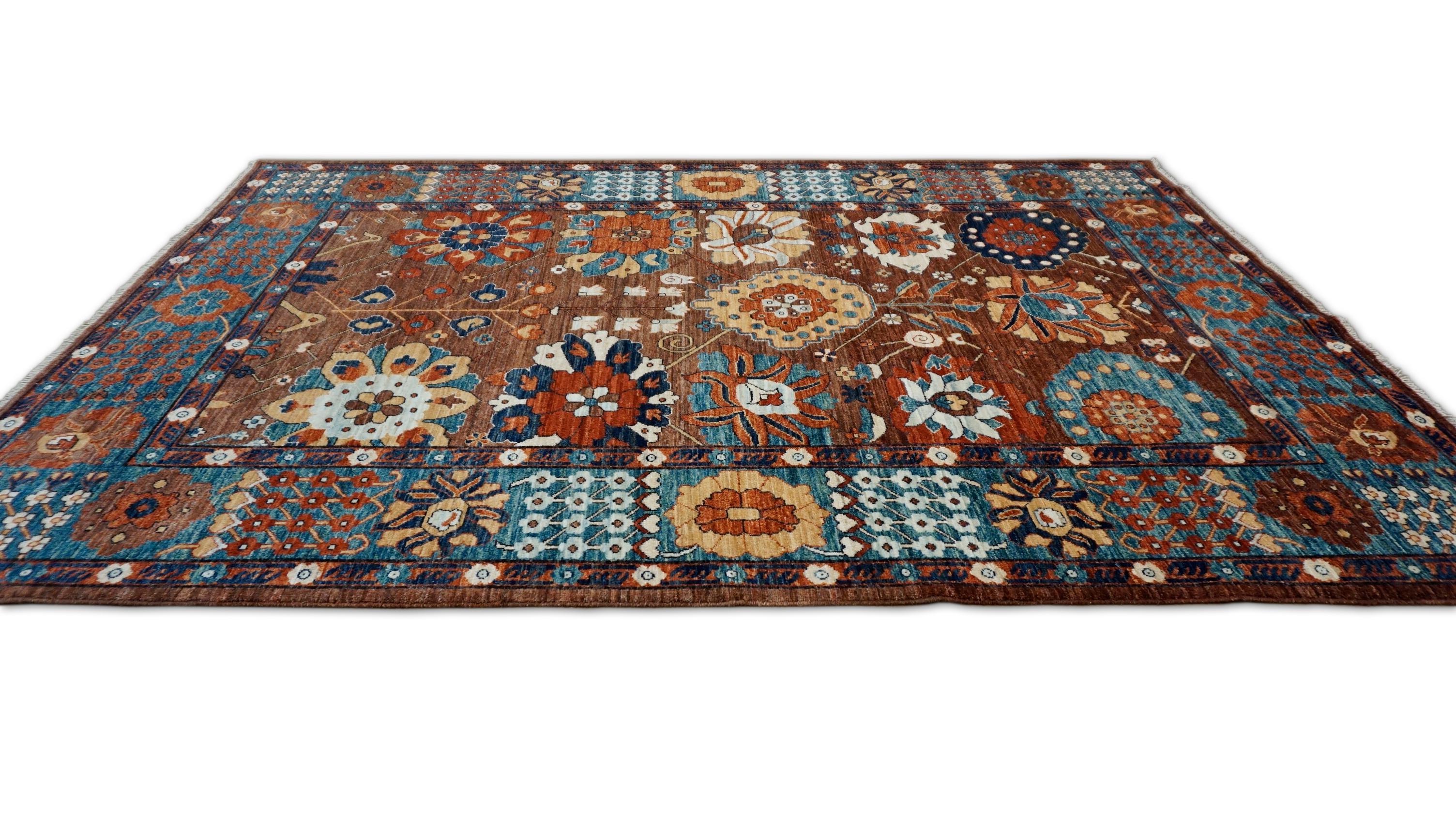 Arts and Crafts Bleu rouille  Tapis en laine à motifs botaniques 6'4''x8'1'' Neuf - En vente à Torrance, CA