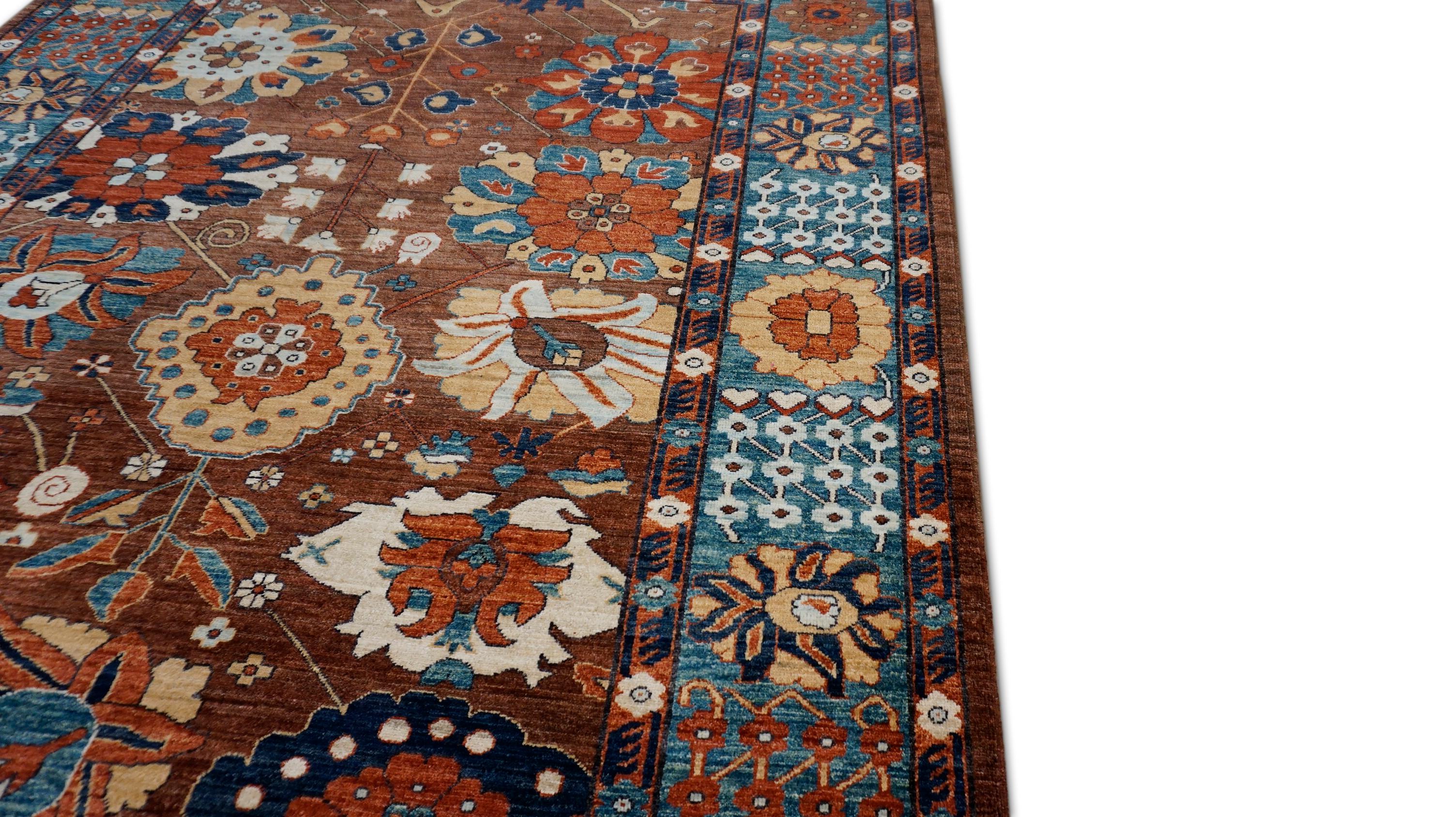 XXIe siècle et contemporain Arts and Crafts Bleu rouille  Tapis en laine à motifs botaniques 6'4''x8'1'' en vente