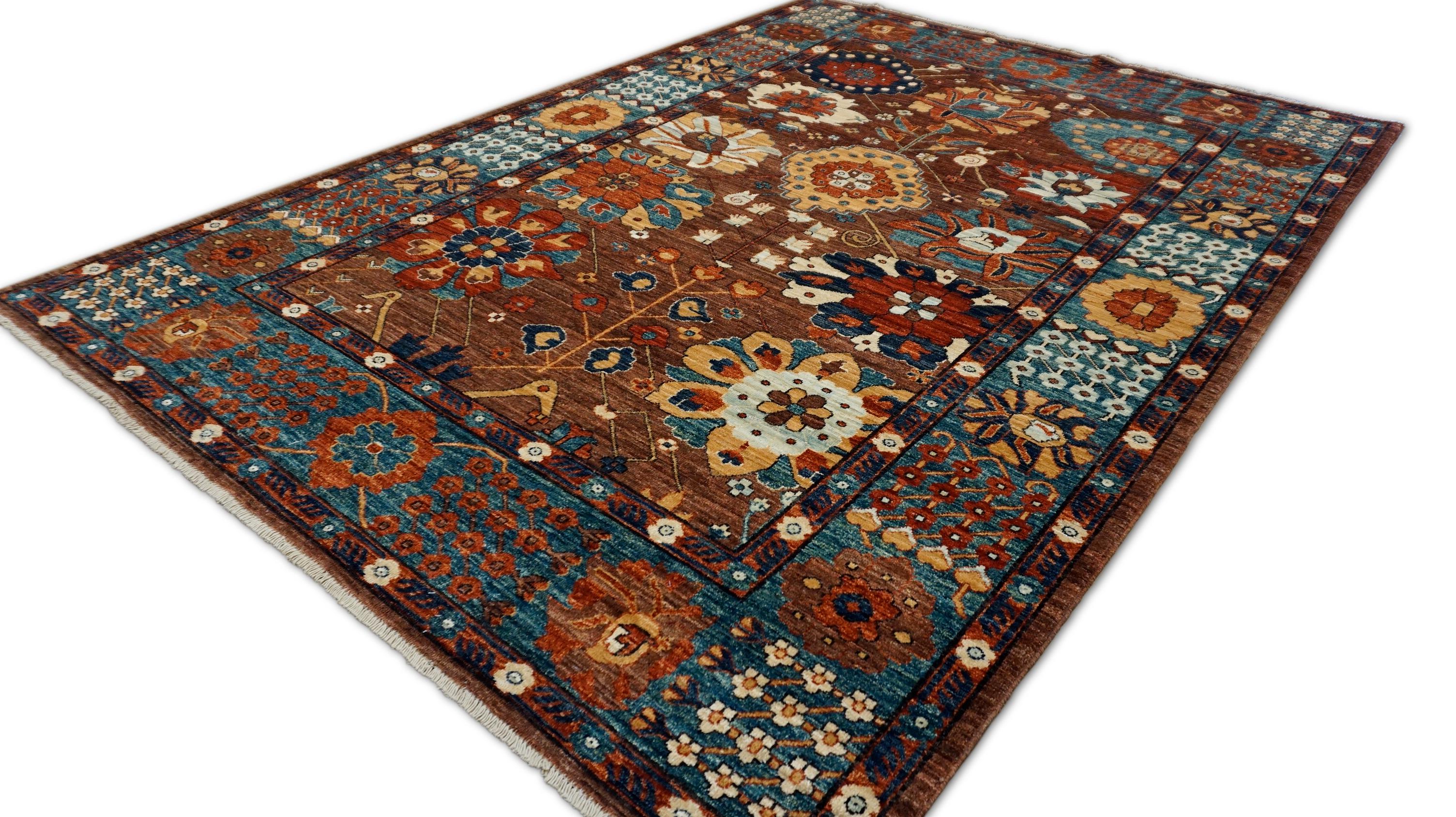 Laine Arts and Crafts Bleu rouille  Tapis en laine à motifs botaniques 6'4''x8'1'' en vente