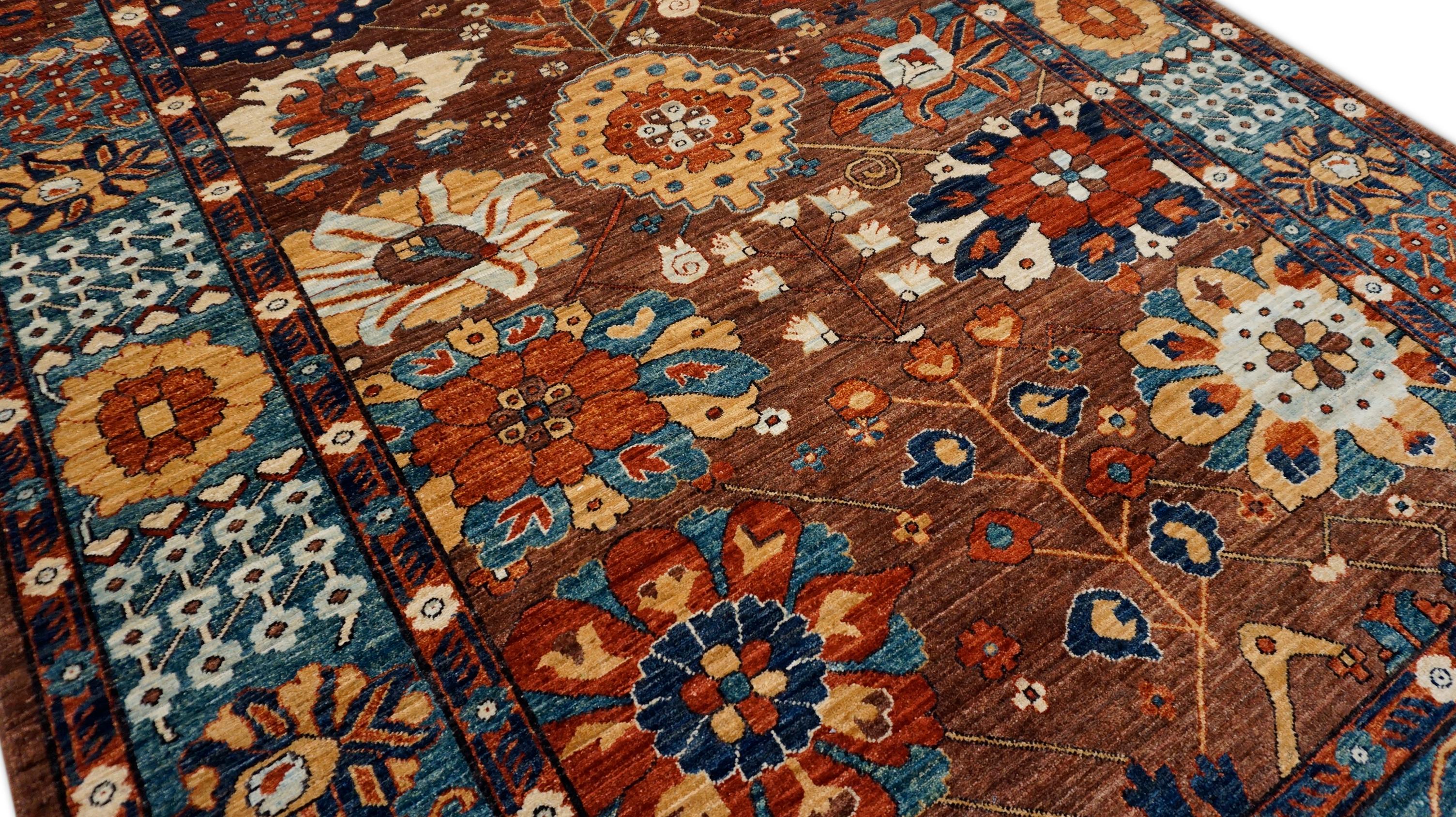 Arts and Crafts Bleu rouille  Tapis en laine à motifs botaniques 6'4''x8'1'' en vente 1