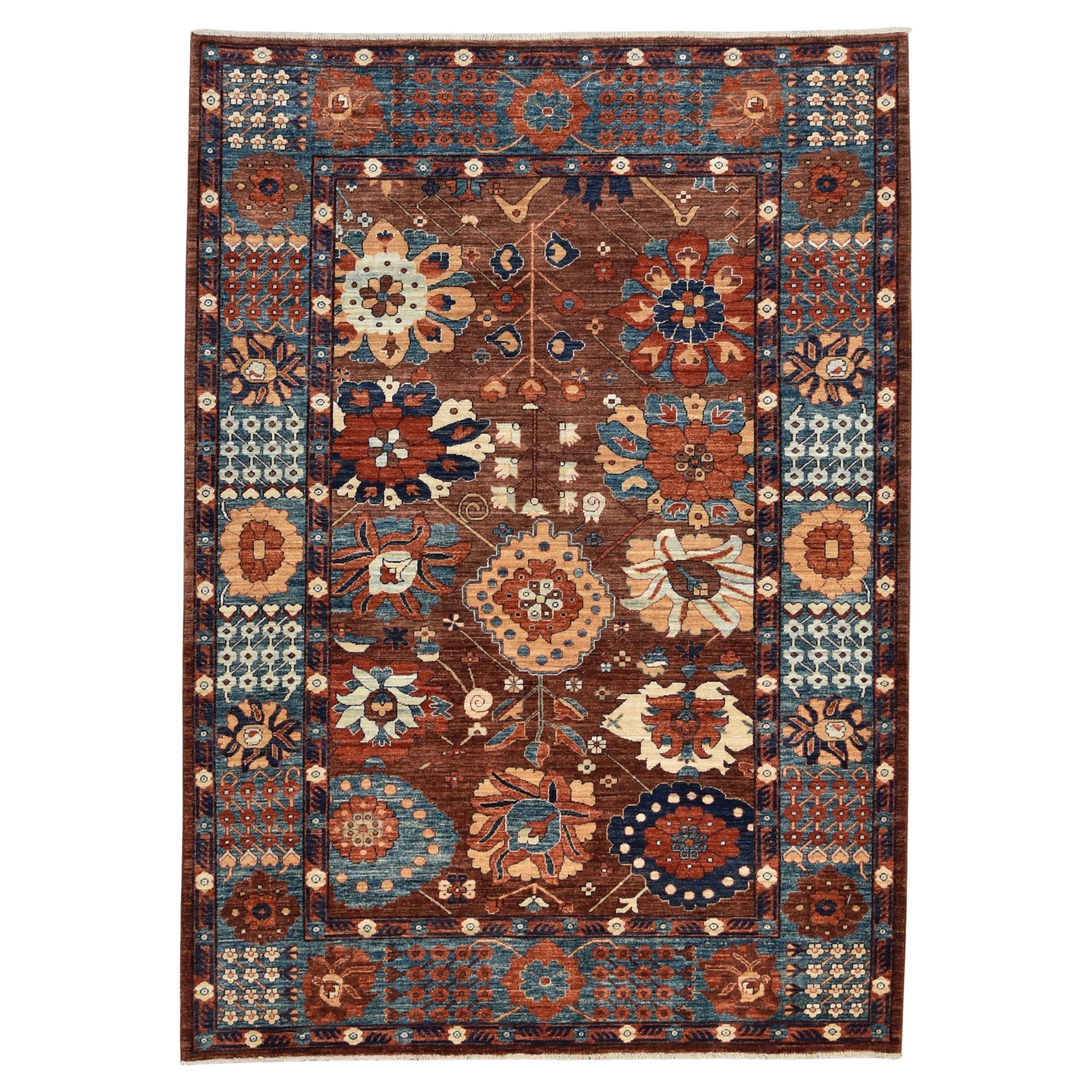 Arts and Crafts Bleu rouille  Tapis en laine à motifs botaniques 6'4''x8'1''