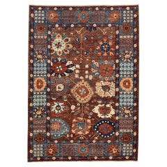 Arts and Crafts Rust Blue  Botanical Designed Wool Rug 6'4''x8'1''