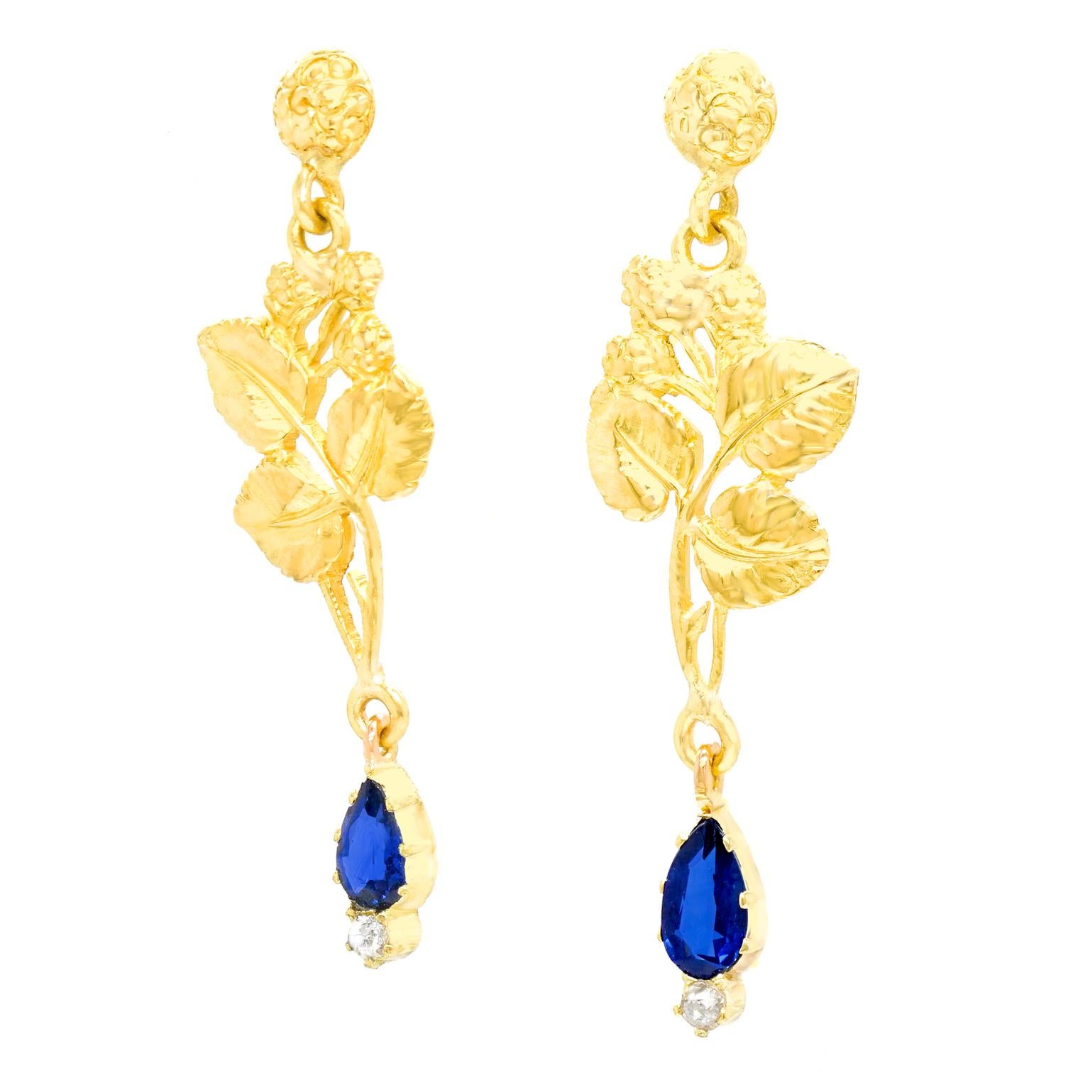 Arts and Crafts Arts & Crafts Sapphire and Diamond-Set Gold Earrings
