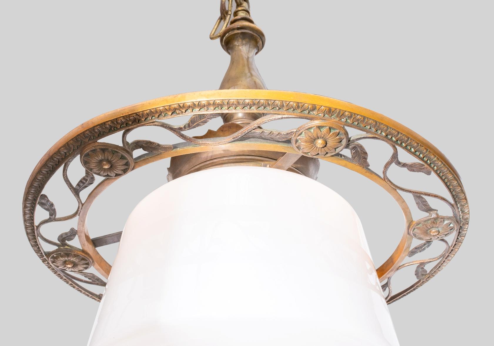 American Arts and Crafts Schoolhouse Bronze Fixture with Milk Glass Shade