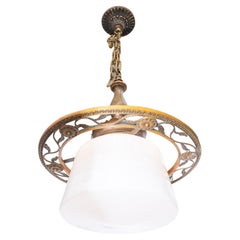 Arts and Crafts Schoolhouse Bronze Fixture with Milk Glass Shade