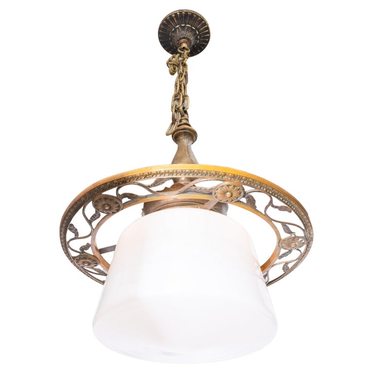 Arts and Crafts Schoolhouse Bronze Fixture with Milk Glass Shade For Sale  at 1stDibs