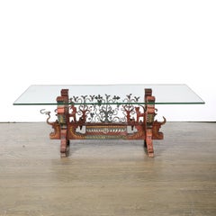 Arts and Crafts Sicilian Polychromed Wood & Iron Glass Top Oxcart Cocktail Table